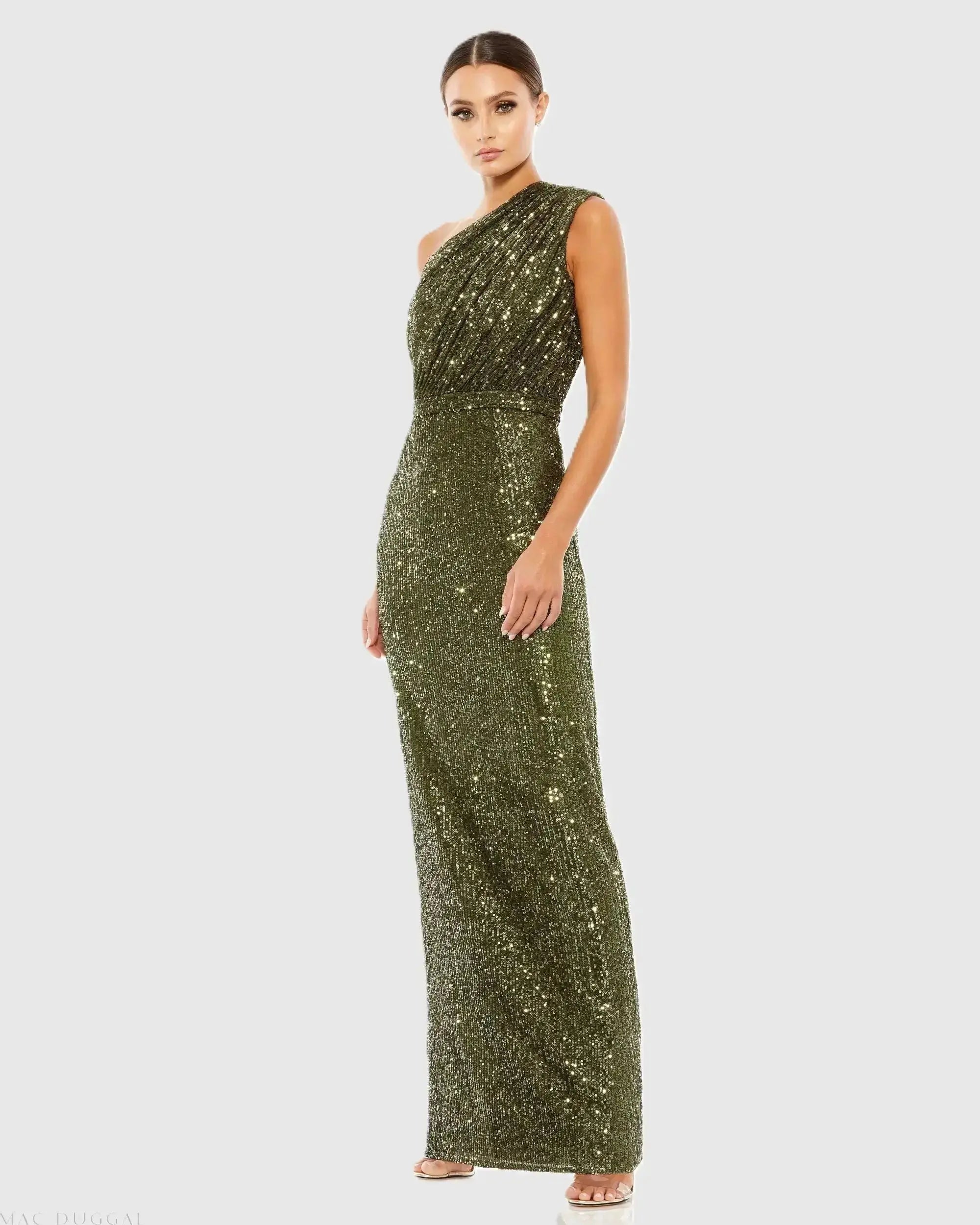 Petite Dark Green Sequined Ruched One Shoulder Gown-Myartka