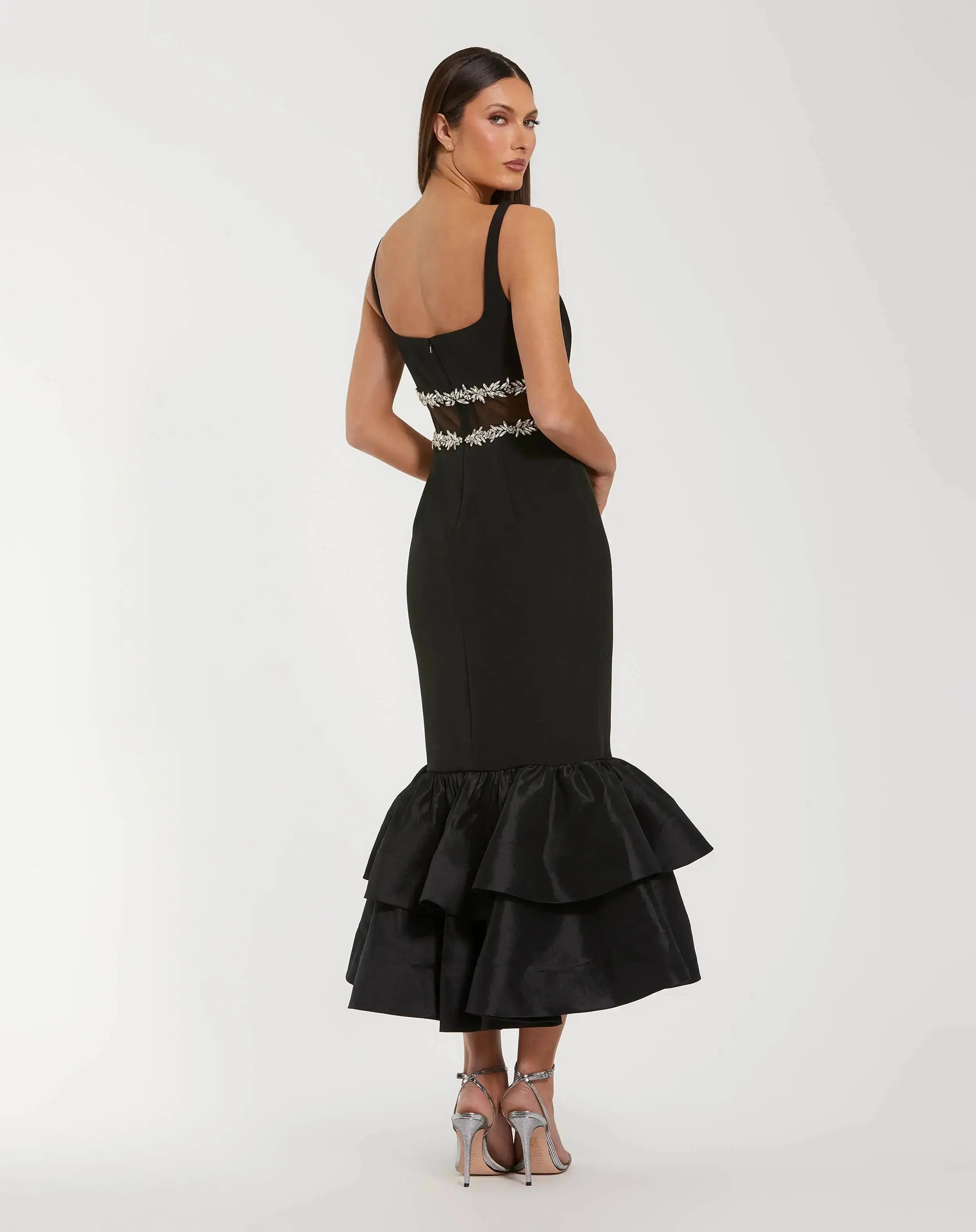 Petite Black Crepe Ruffle Hem Midi Dress With Jewel Detail-Myartka