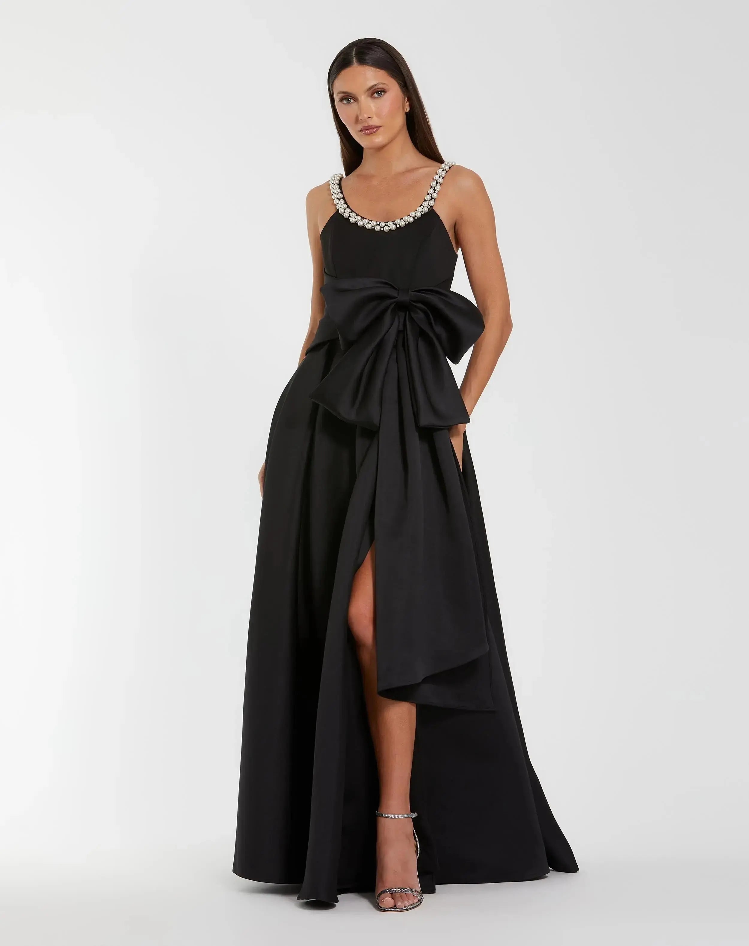 Petite Black Satin Gown With Pearl Neckline and Bow Detail-Myartka