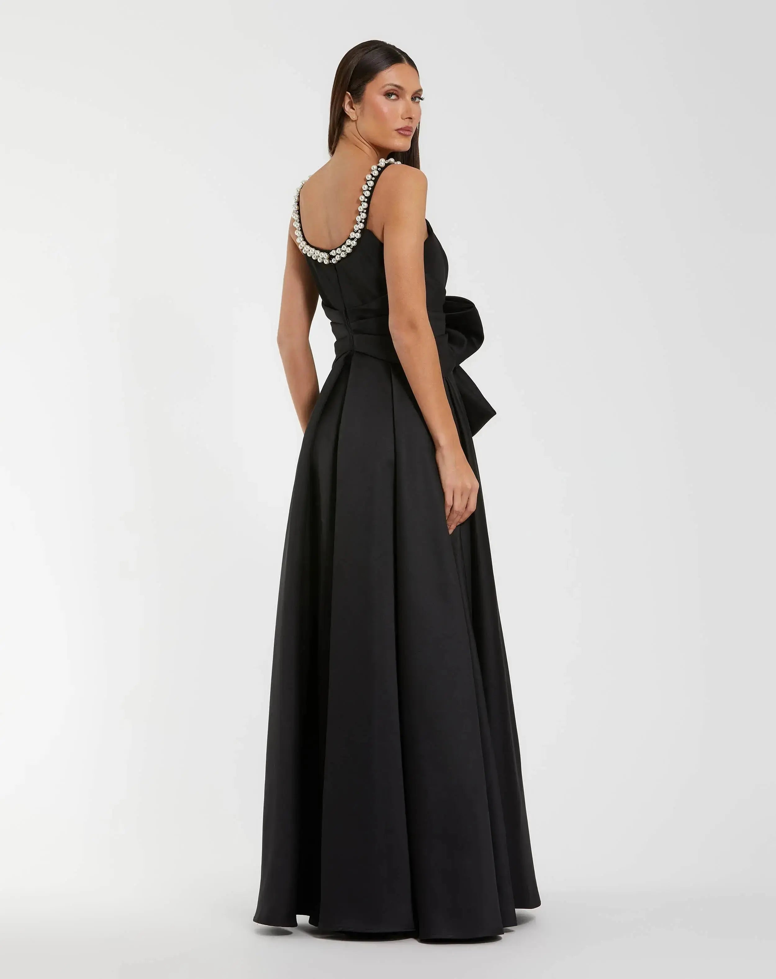 Petite Black Satin Gown With Pearl Neckline and Bow Detail-Myartka