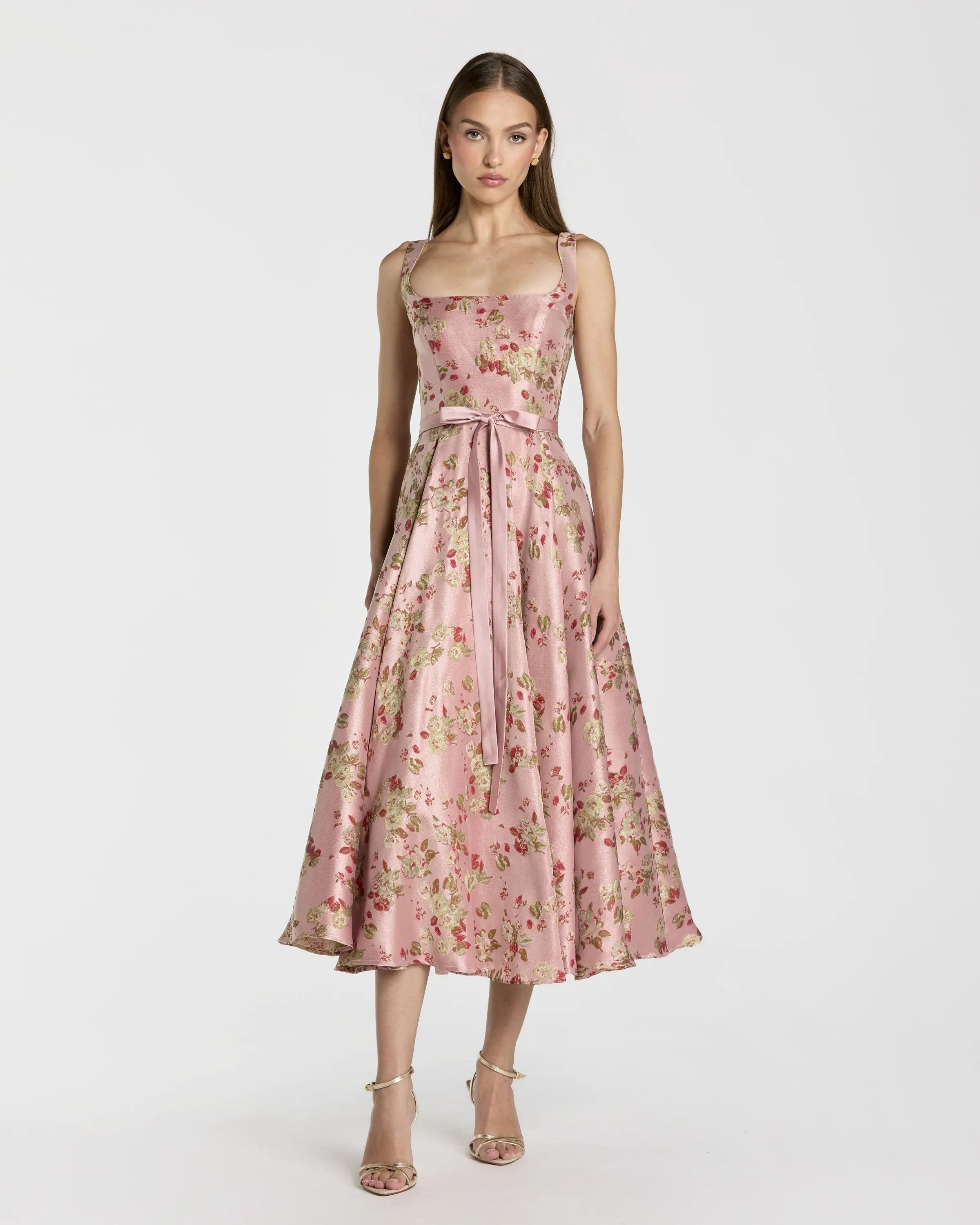 Petite Pink Sleeveless Brocade A Line Midi Dress-Myartka