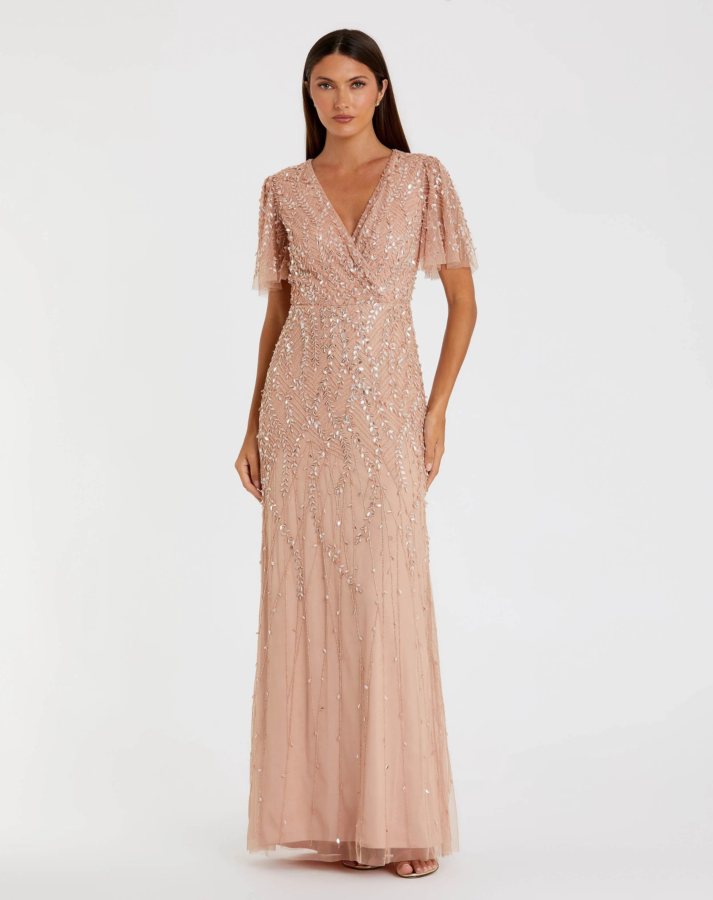Petite Pink Embellished Flutter Sleeve Gown-Myartka