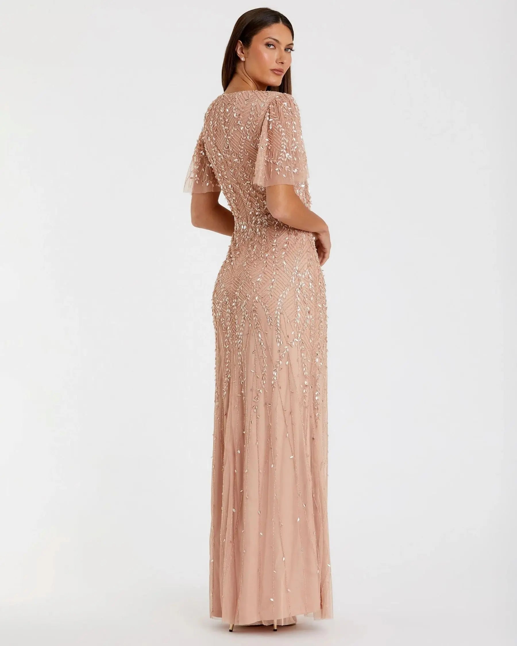 Petite Pink Embellished Flutter Sleeve Gown-Myartka