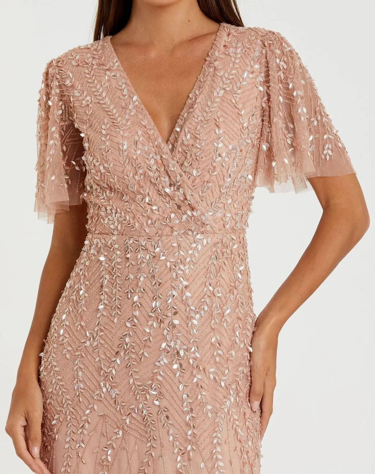 Petite Pink Embellished Flutter Sleeve Gown-Myartka