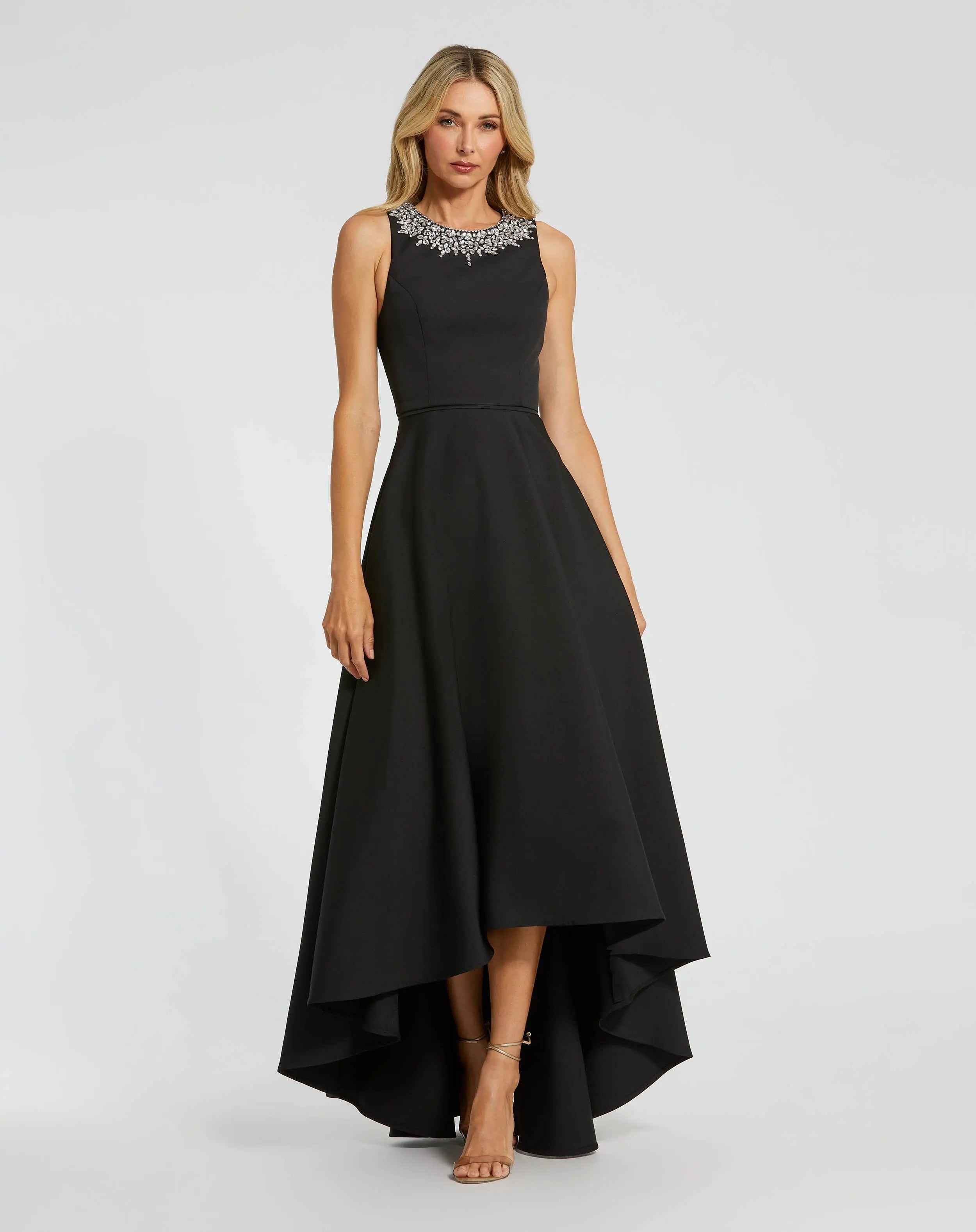Black Crepe Embellished Neck High Low Gown-Myartka