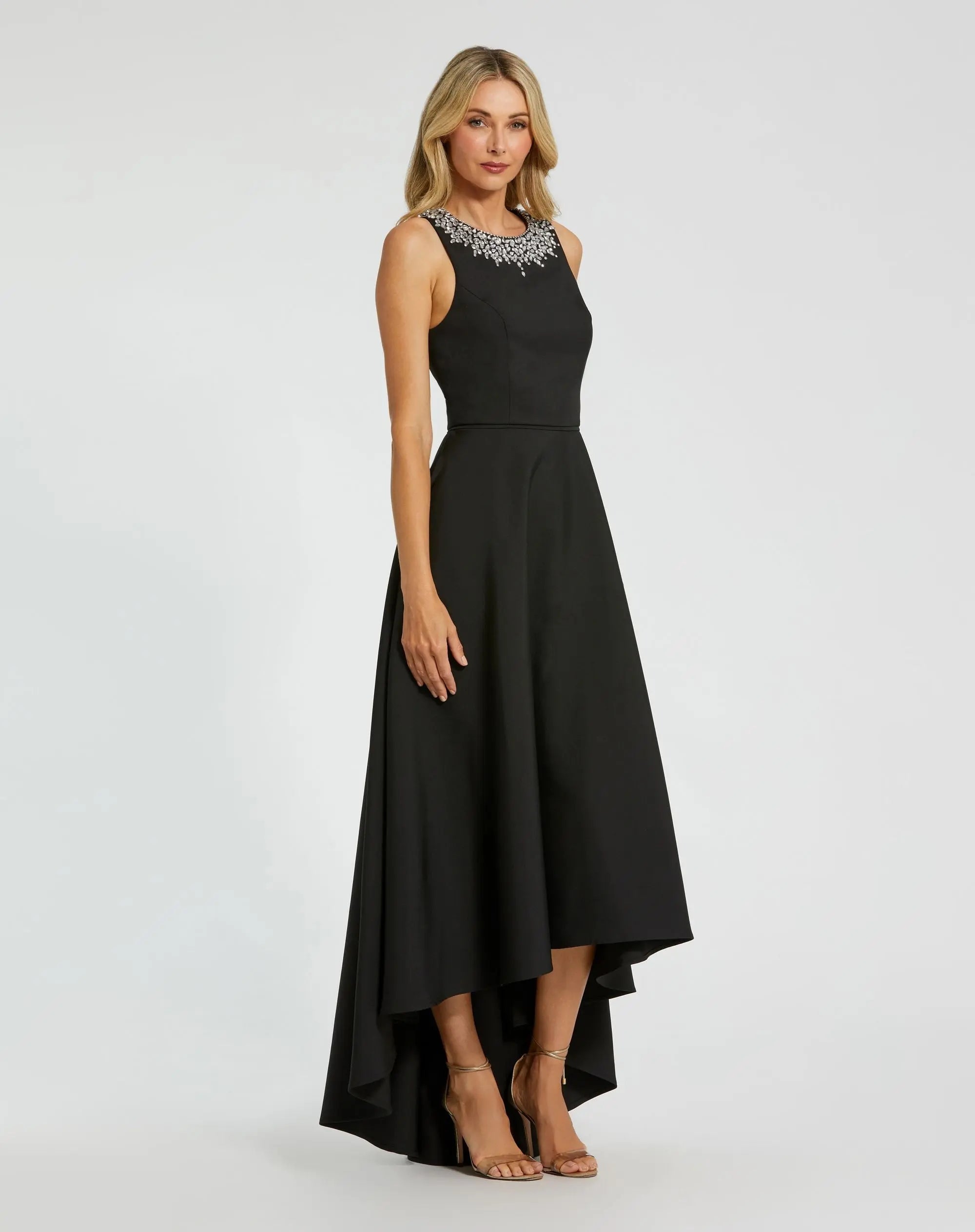 Black Crepe Embellished Neck High Low Gown-Myartka