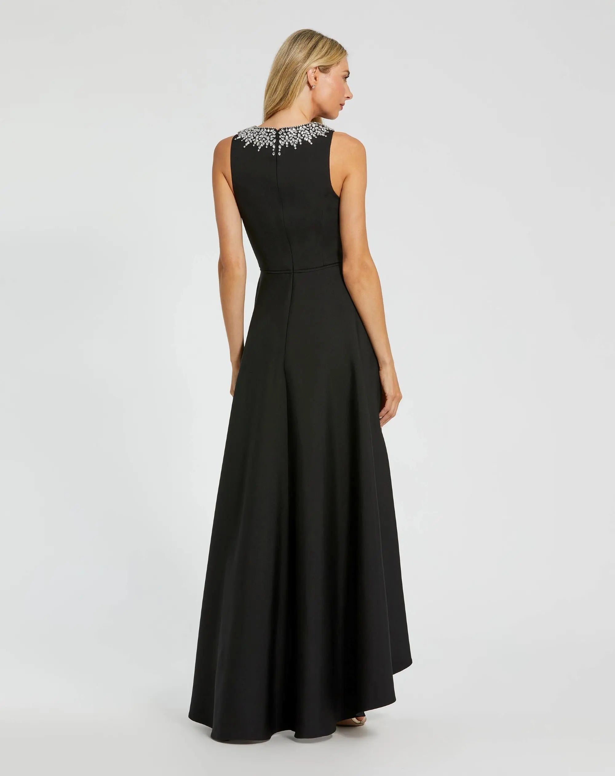 Petite Black Crepe Embellished Neck High Low Gown-Myartka