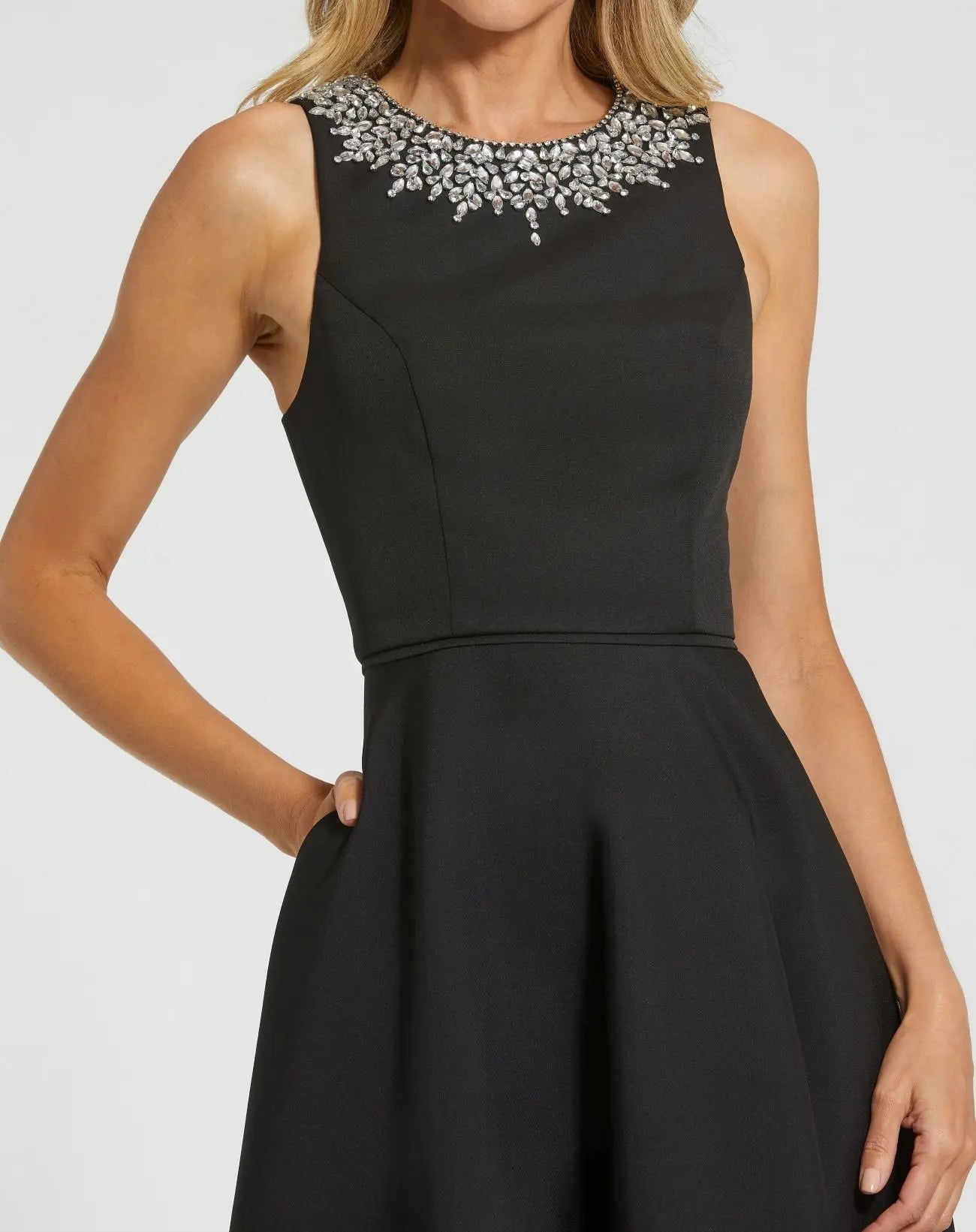 Petite Black Crepe Embellished Neck High Low Gown-Myartka