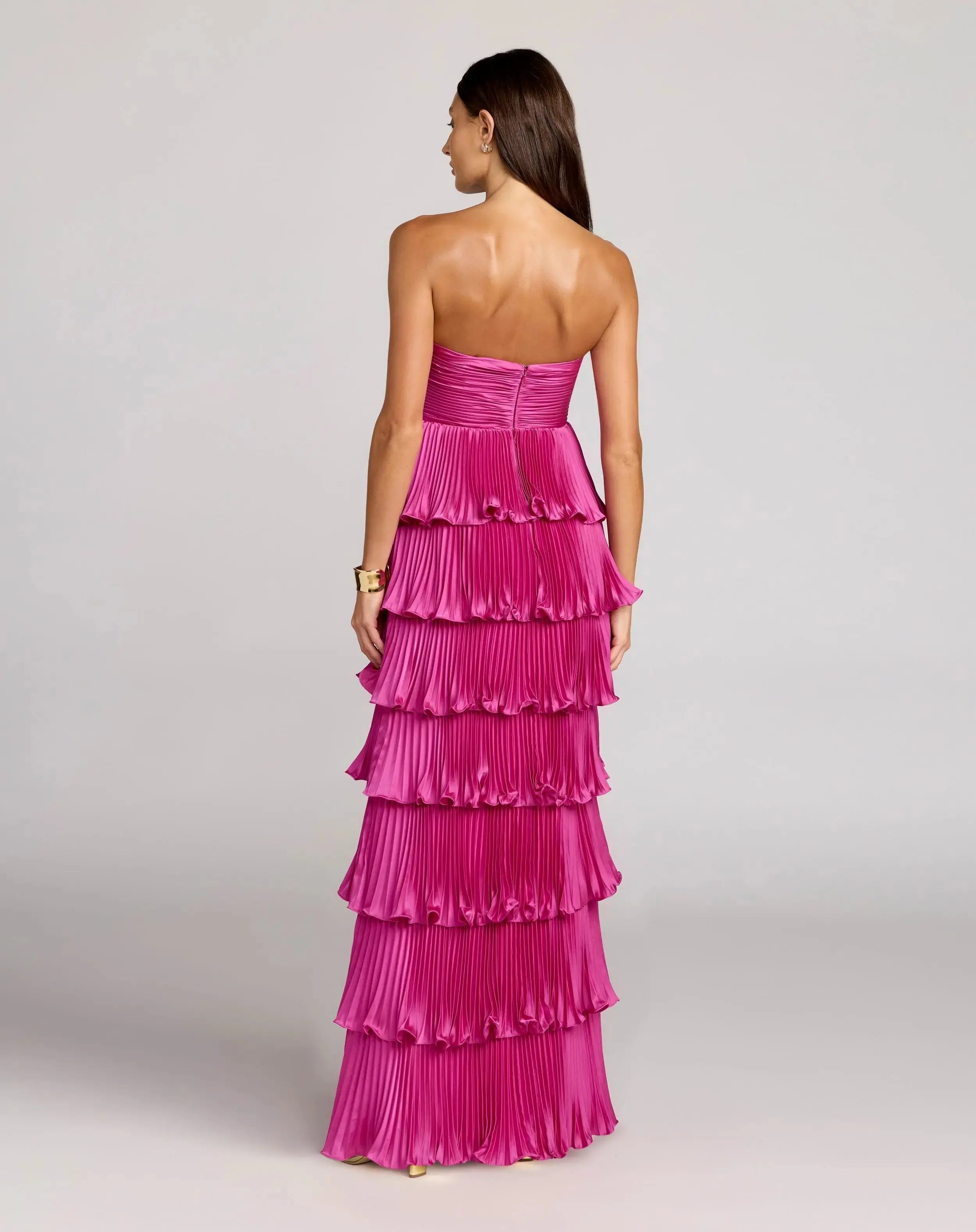 Petite Pink Pleated Charmeuse Strapless Tiered Ruffle Gown-Myartka
