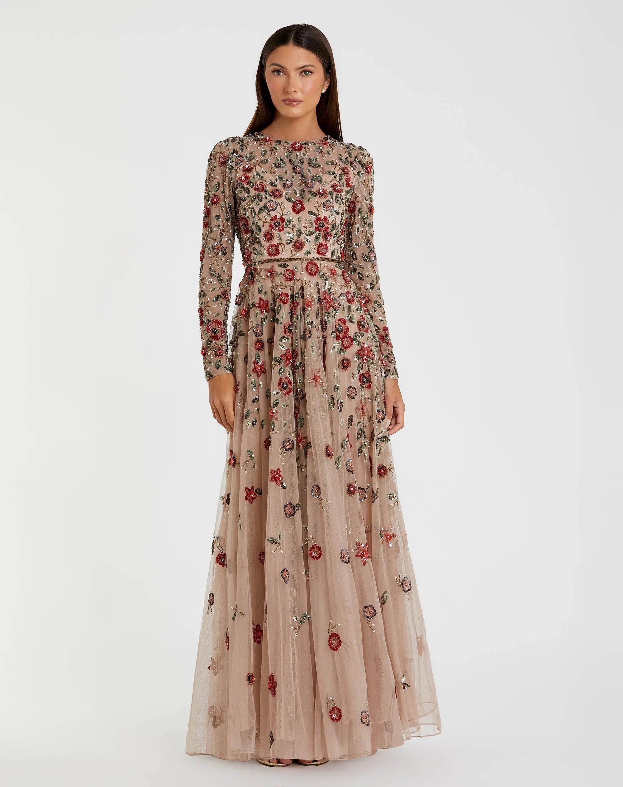 Petite Beige Embellished High Neck Long Sleeve A Line Gown-Myartka