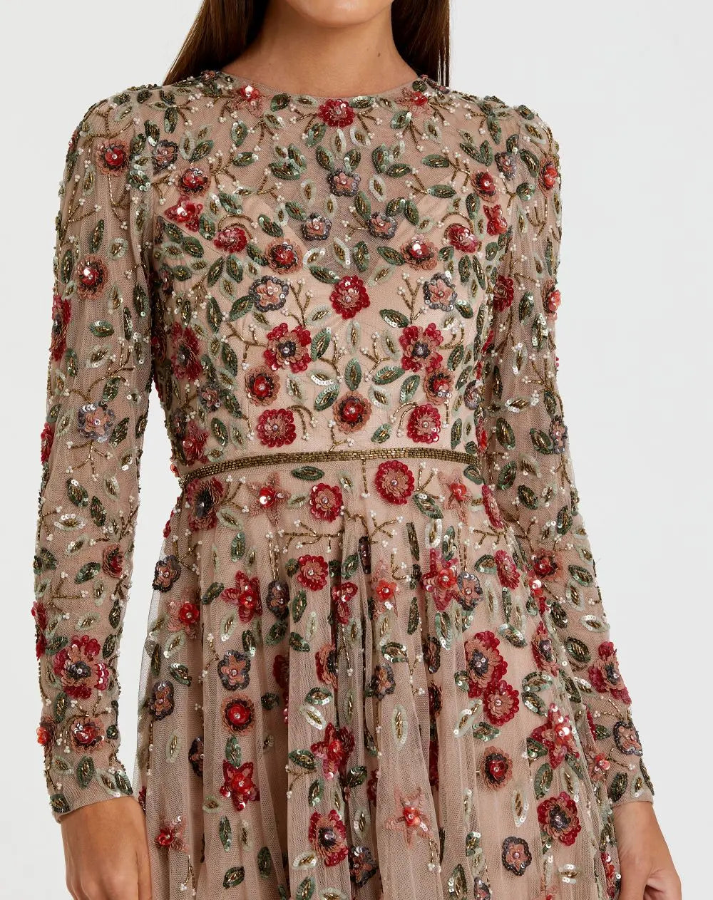 Petite Beige Embellished High Neck Long Sleeve A Line Gown-Myartka