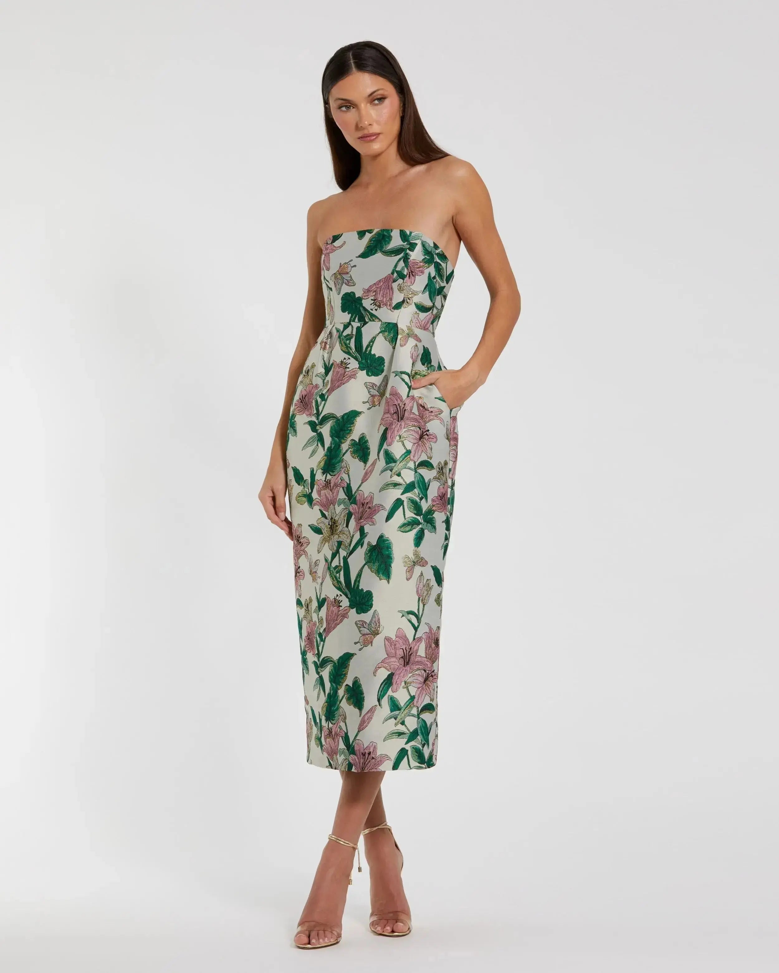 Petite Multicolor Floral Brocade Strapless Fitted Midi Dress-Myartka
