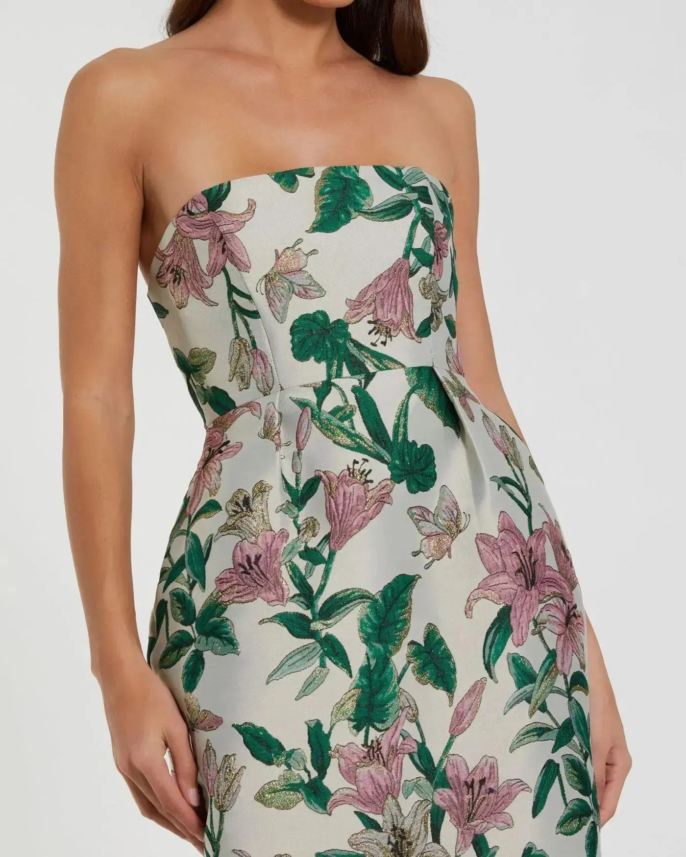 Petite Multicolor Floral Brocade Strapless Fitted Midi Dress-Myartka