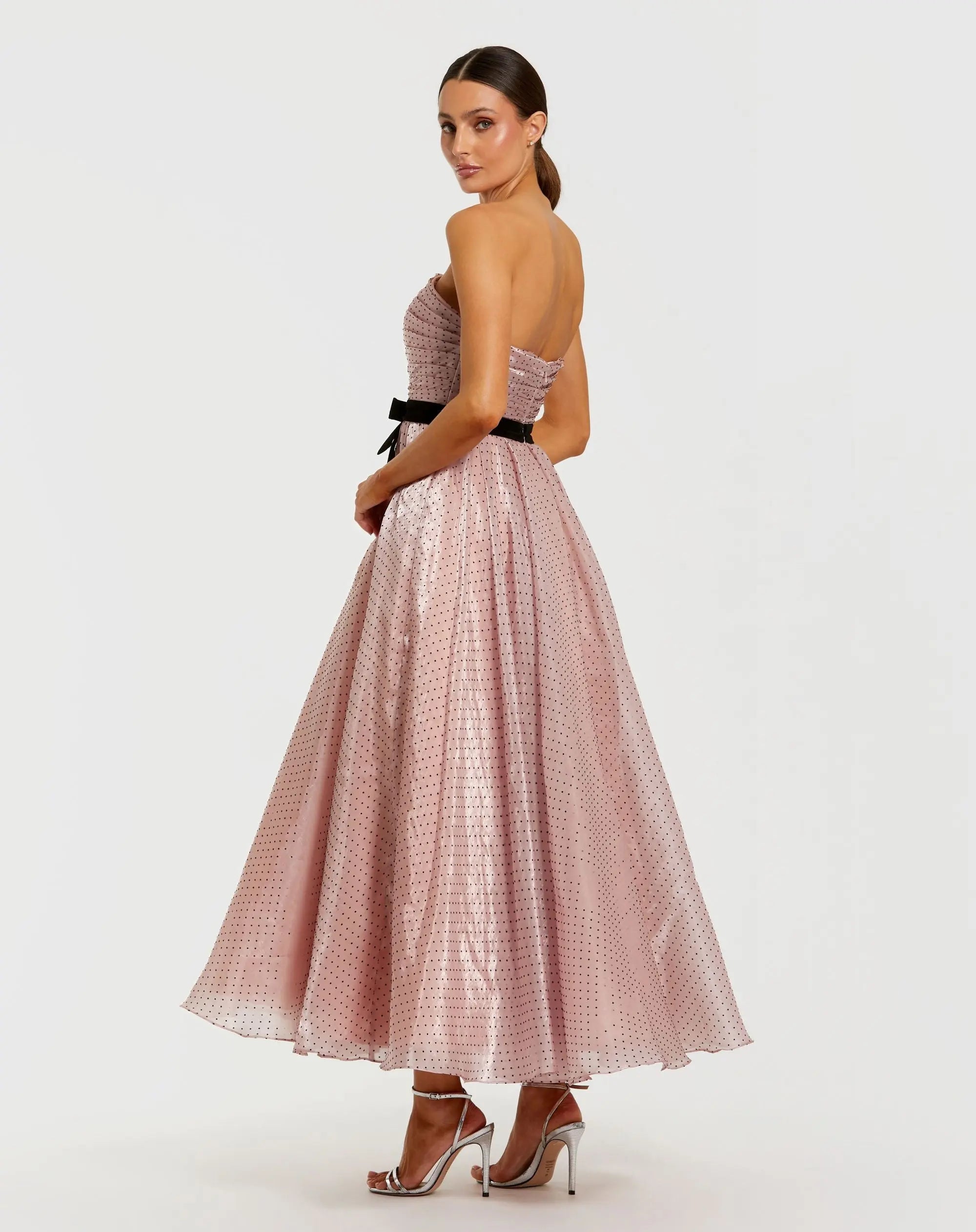Petite Pink Polka Dot Organza Strapless Dress With Bow-Myartka
