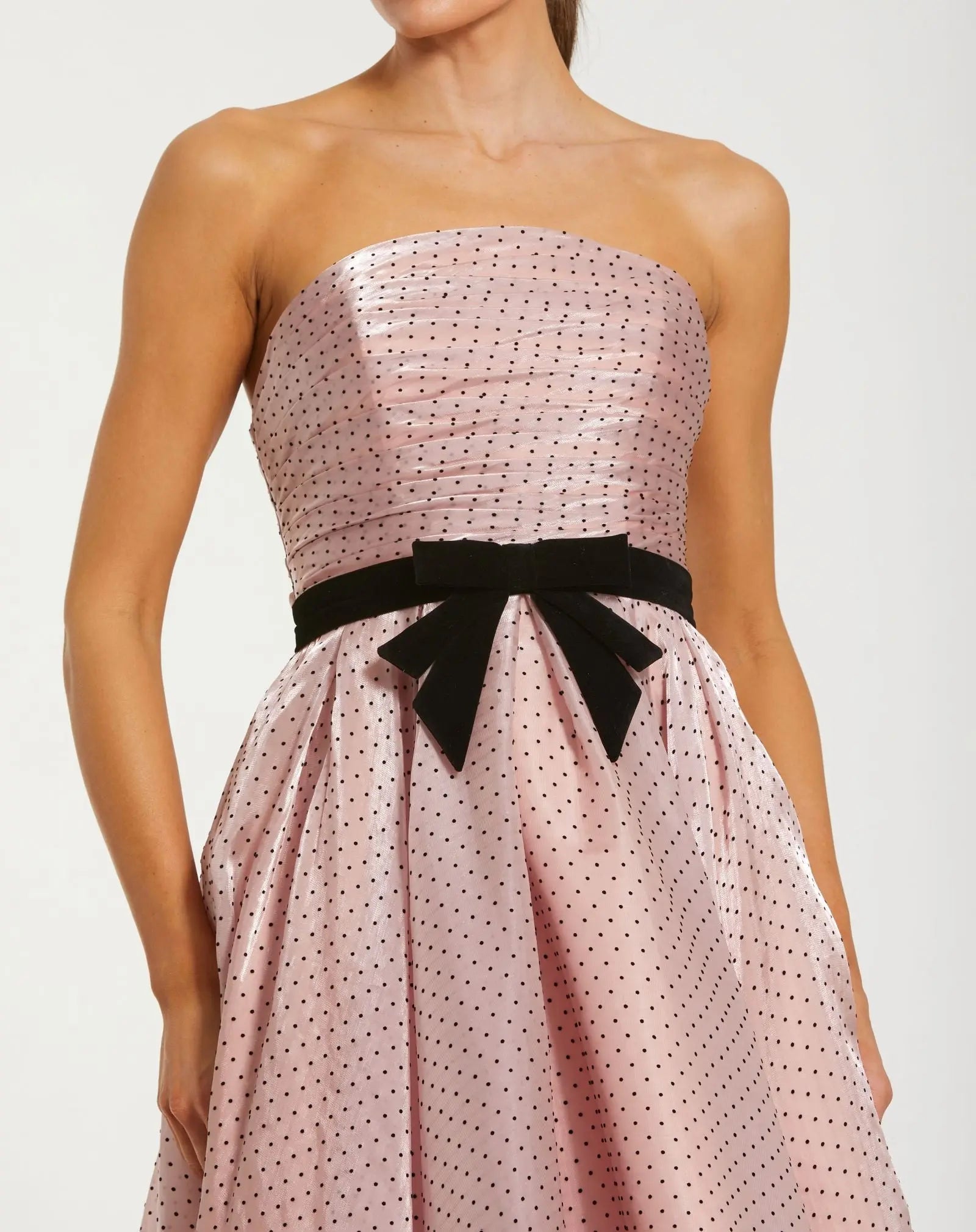 Petite Pink Polka Dot Organza Strapless Dress With Bow-Myartka