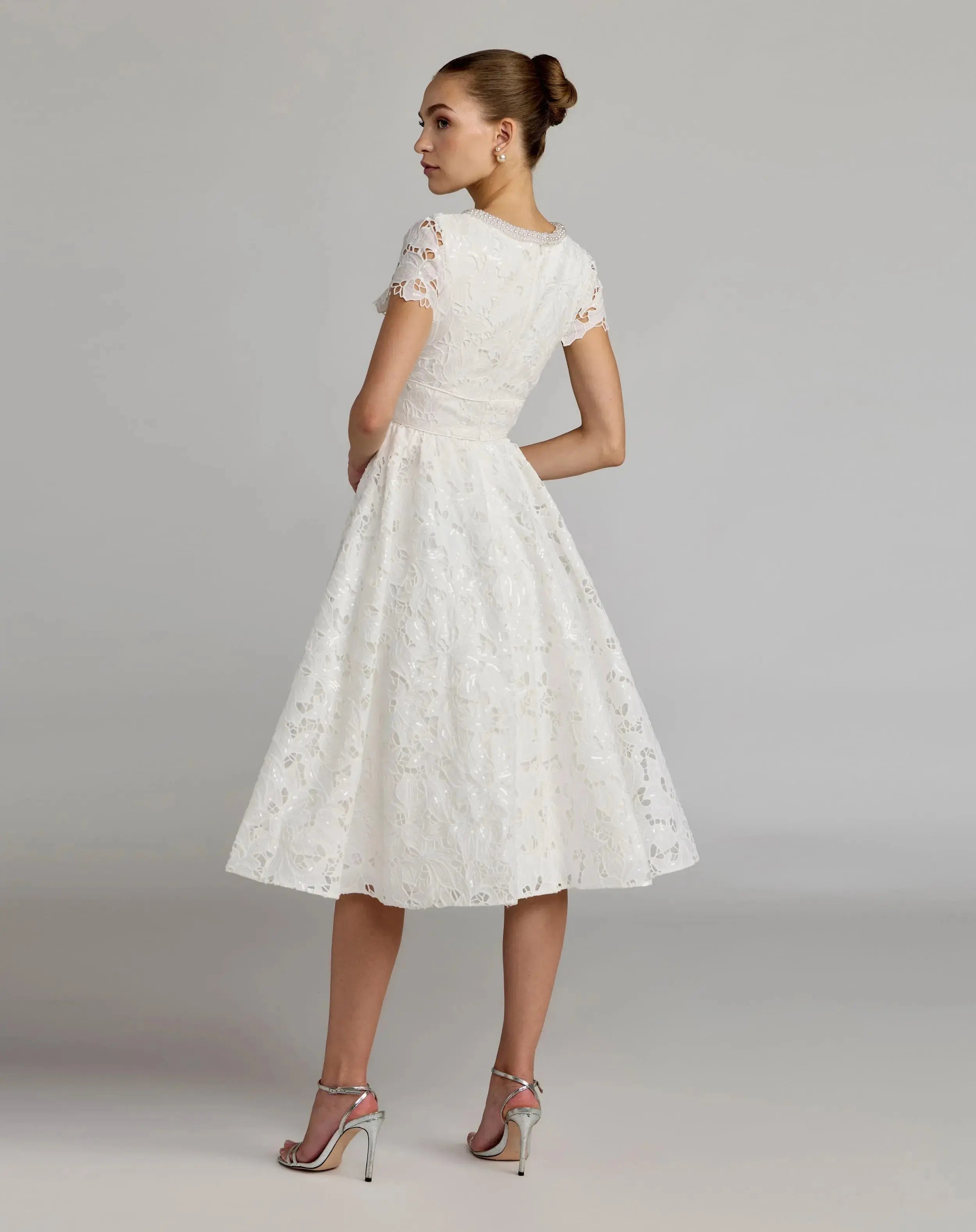 Petite White Embroidered Lace A Line Midi Dress-Myartka