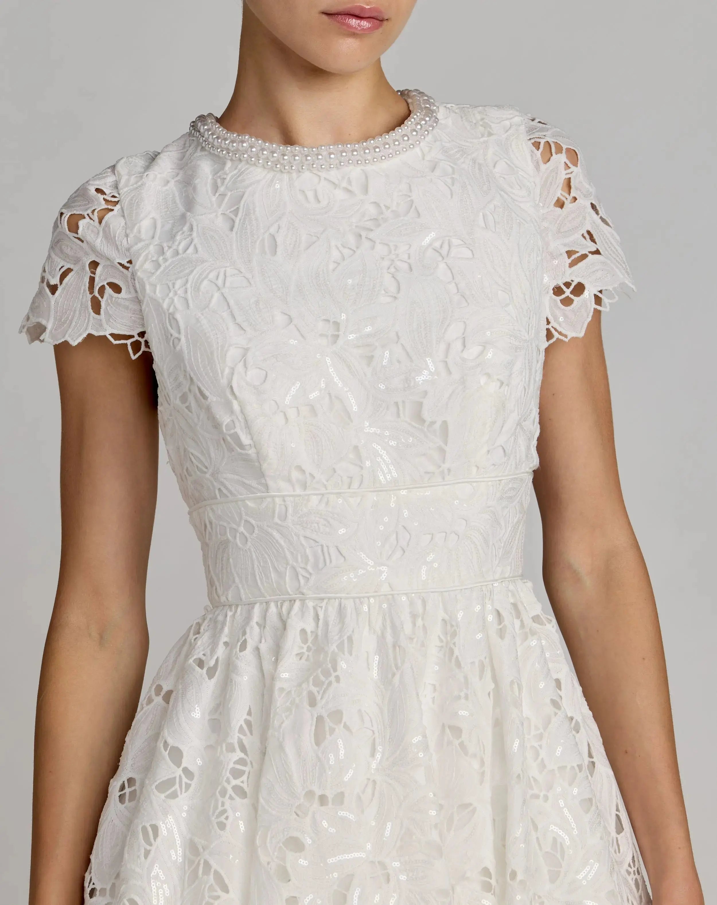 Petite White Embroidered Lace A Line Midi Dress-Myartka