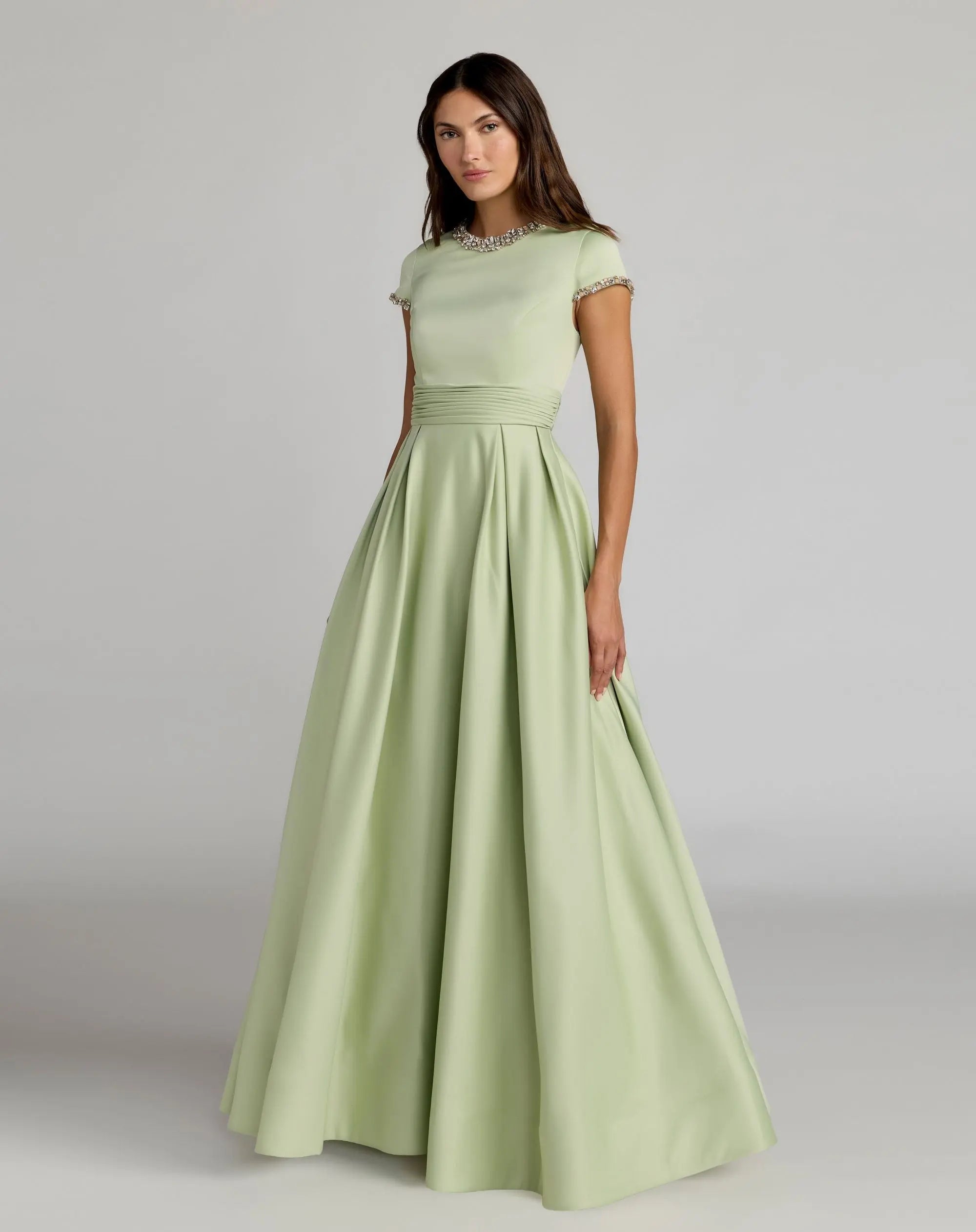 Petite Green Embellished Satin Cap Sleeve Ball Gown-Myartka