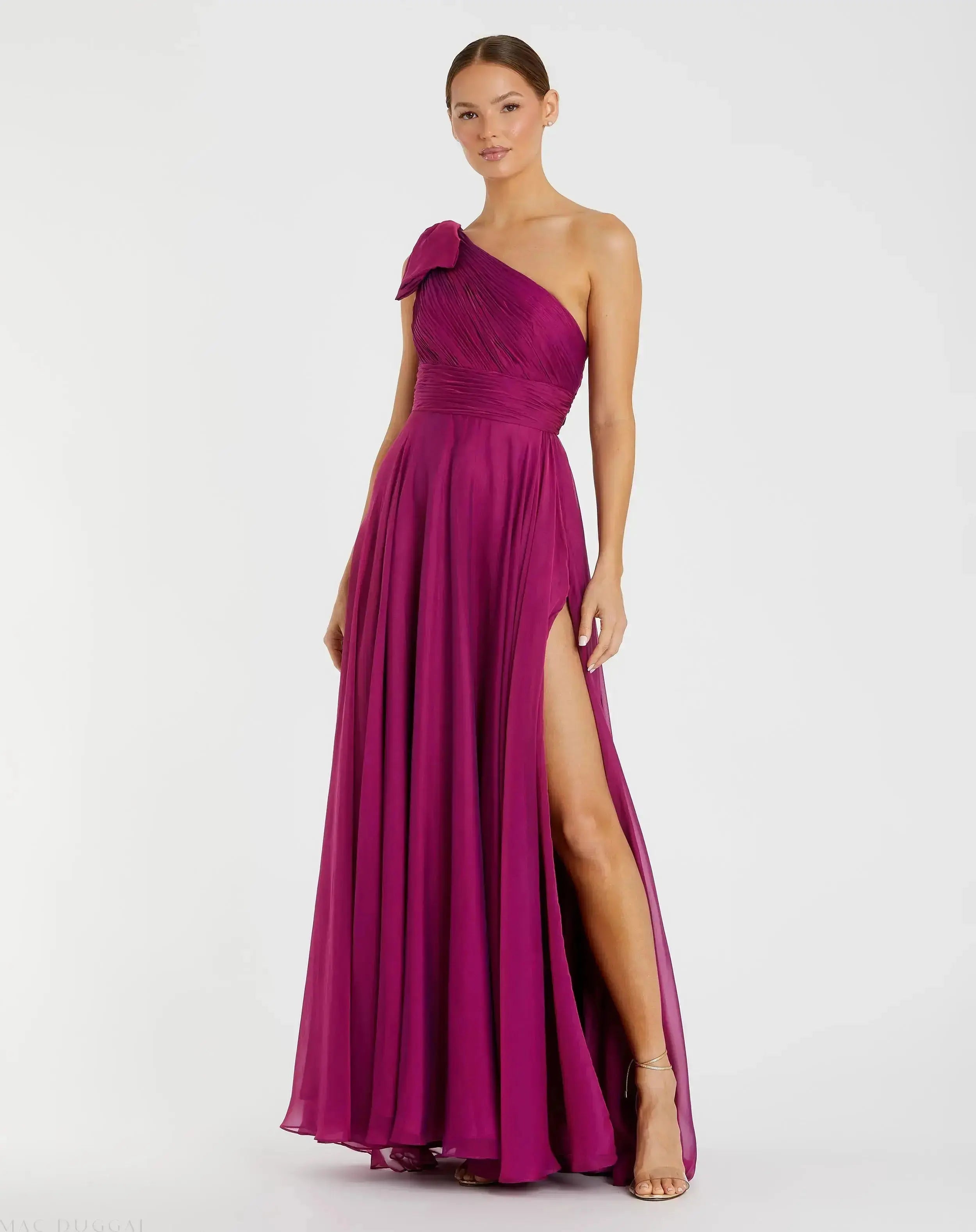 Petite Purple Sleeveless One Shoulder Pleated Gown-Myartka