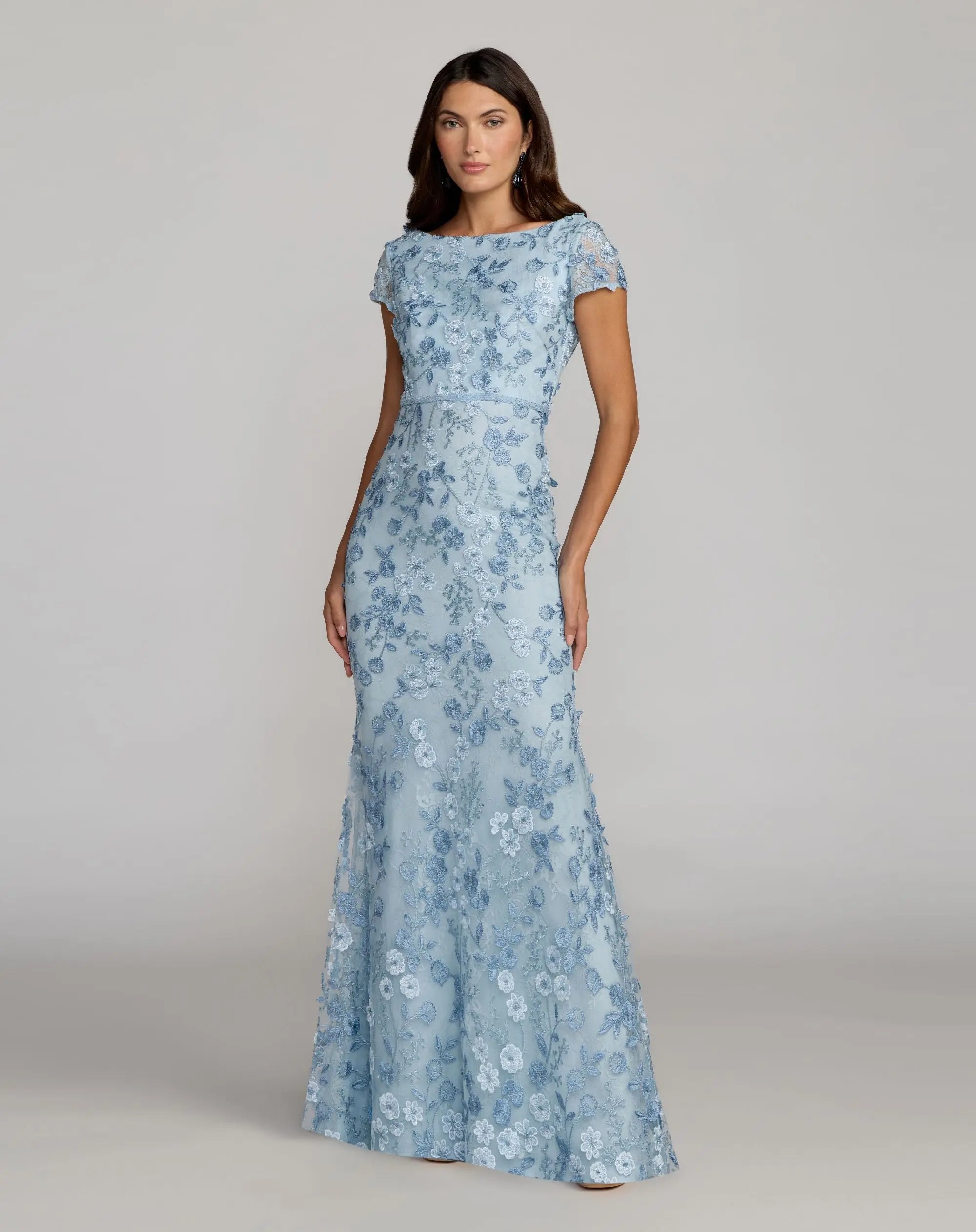 Petite Blue Floral Applique Boat Neck Cap Sleeve Gown-Myartka