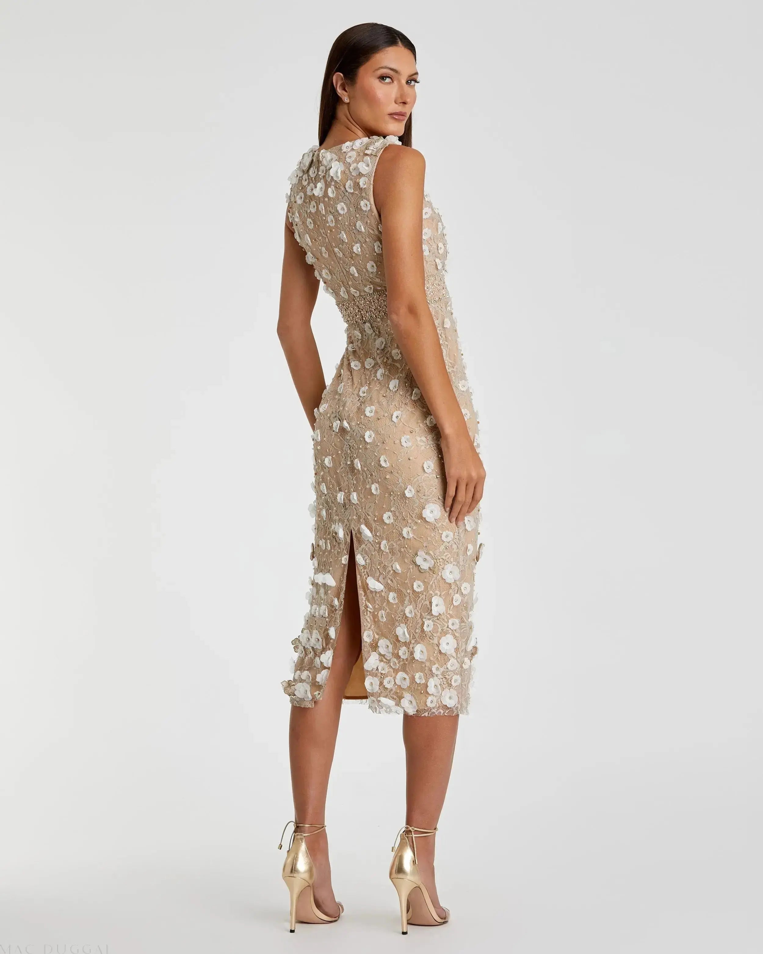 Petite Nude Floral Applique Sleeveless Midi Dress-Myartka