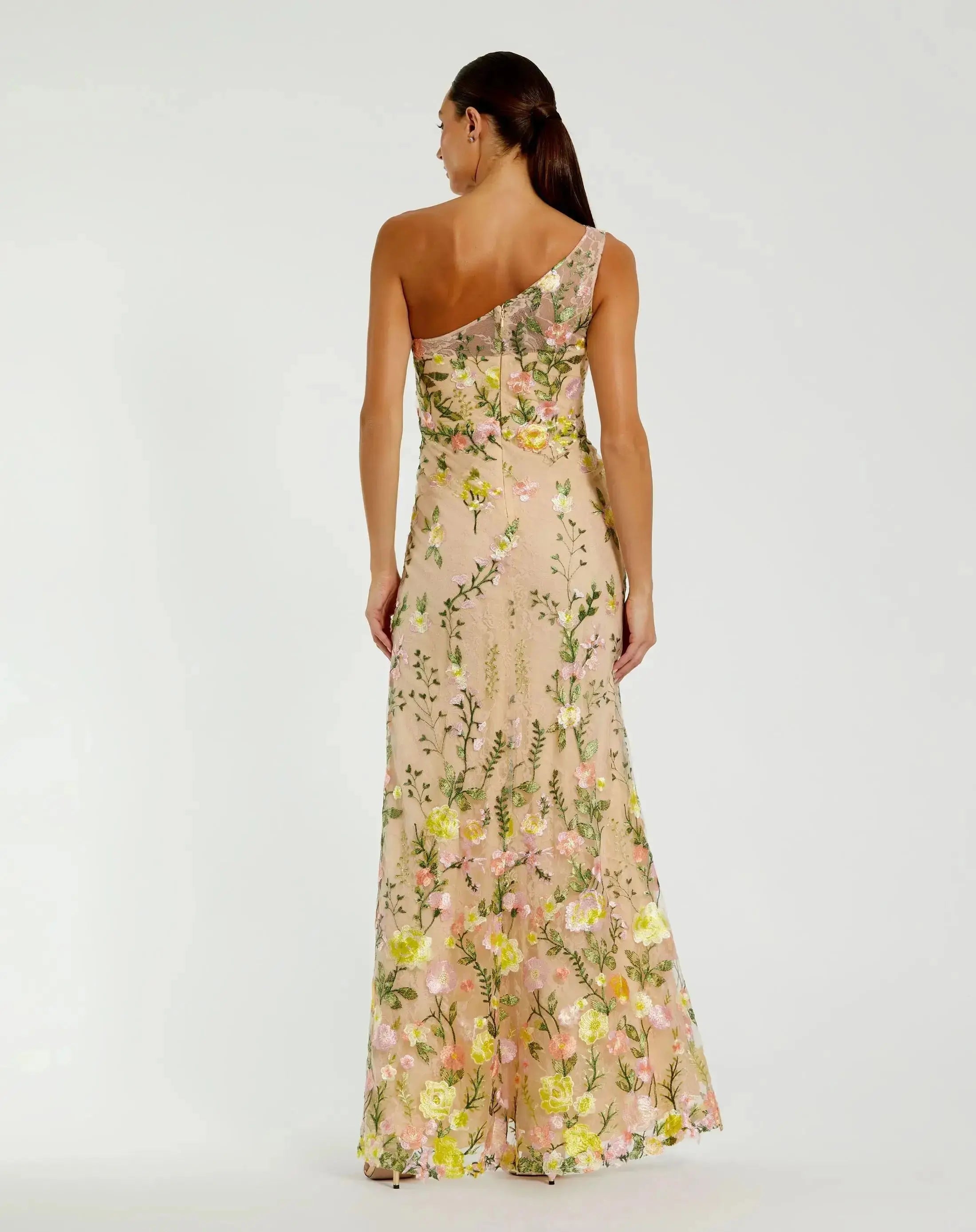 Petite Beige One Shoulder Lace Embroidered Gown-Myartka