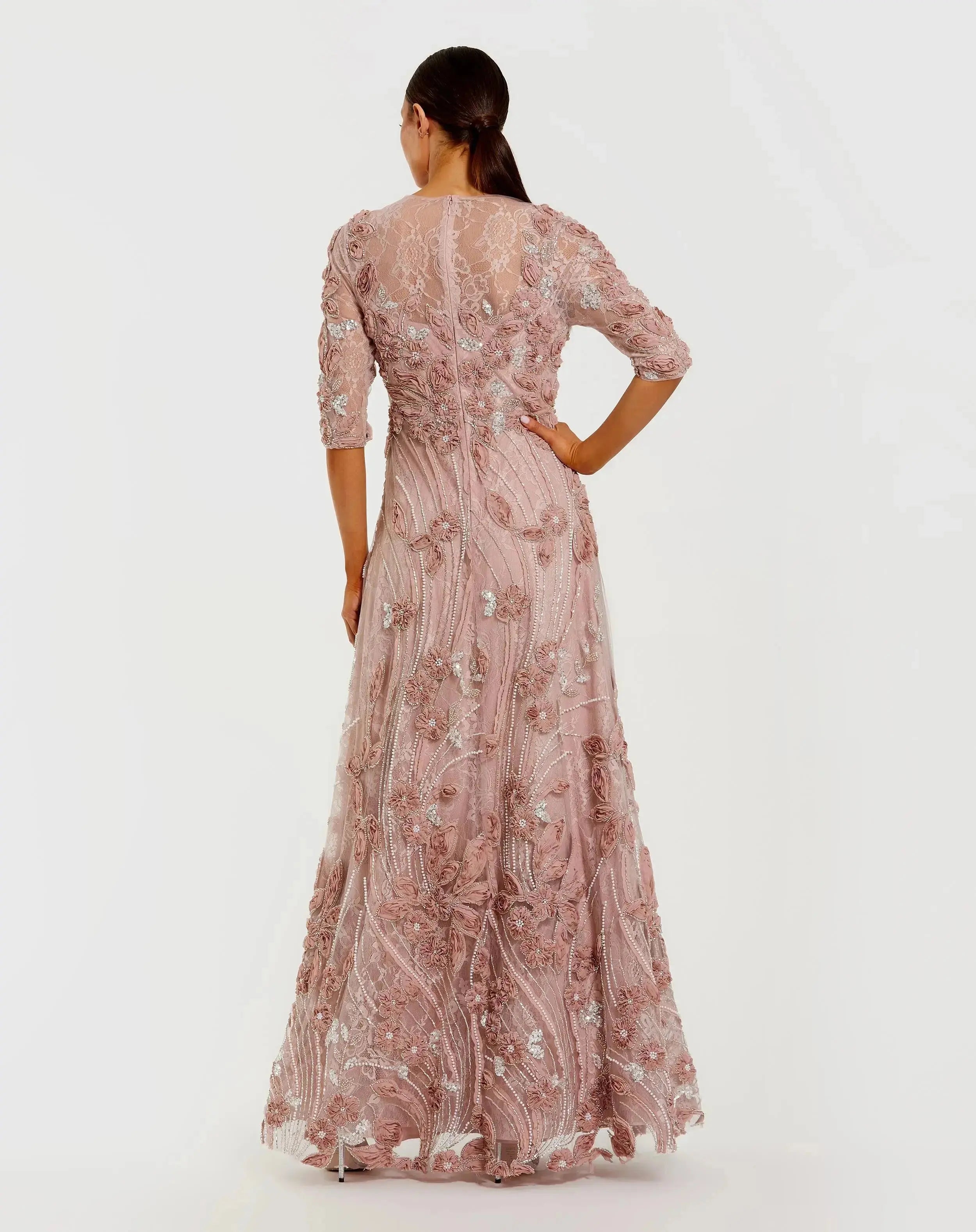 Petite Pink 3/4 Sleeve High Neck Embroidered A Line Gown-Myartka