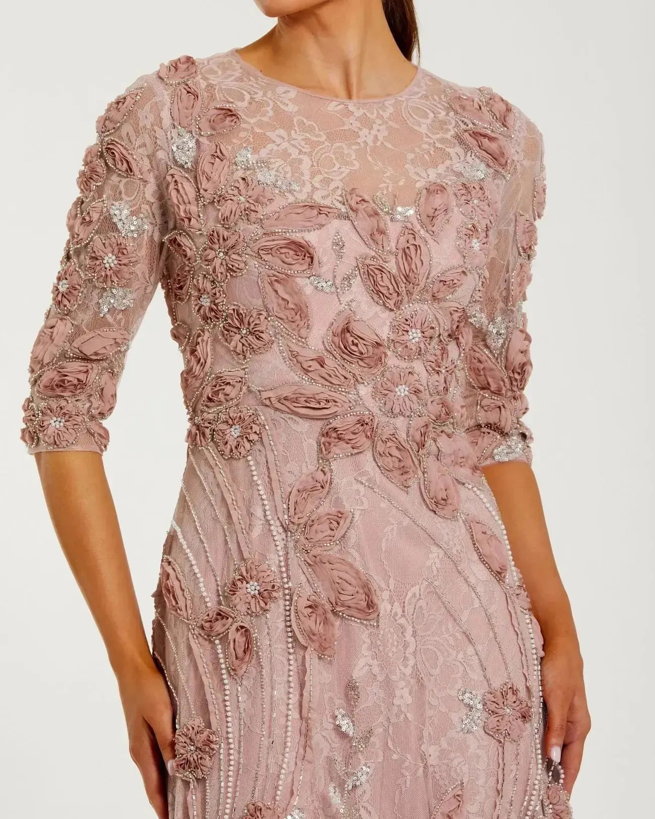 Petite Pink 3/4 Sleeve High Neck Embroidered A Line Gown-Myartka