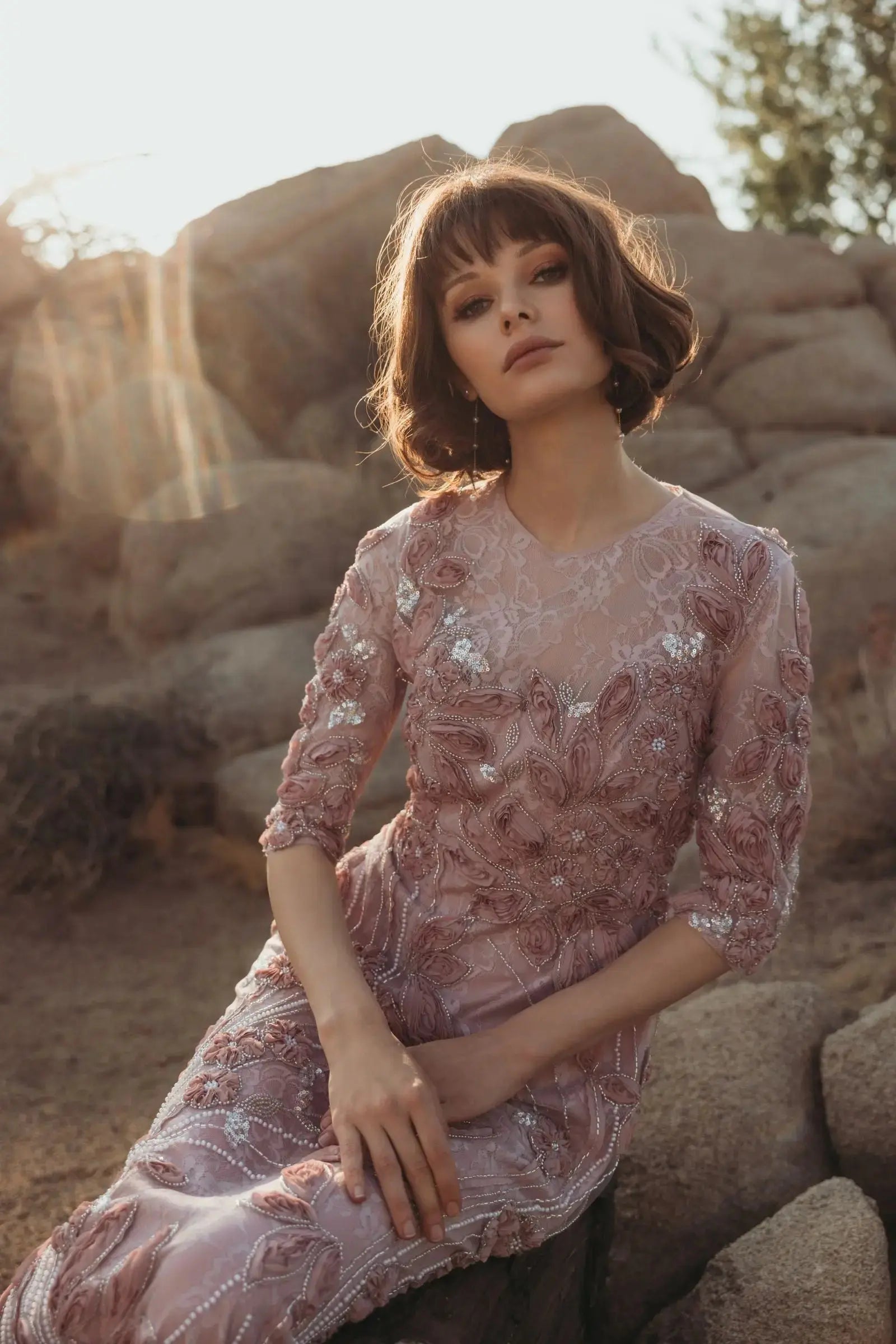 Petite Pink 3/4 Sleeve High Neck Embroidered A Line Gown-Myartka