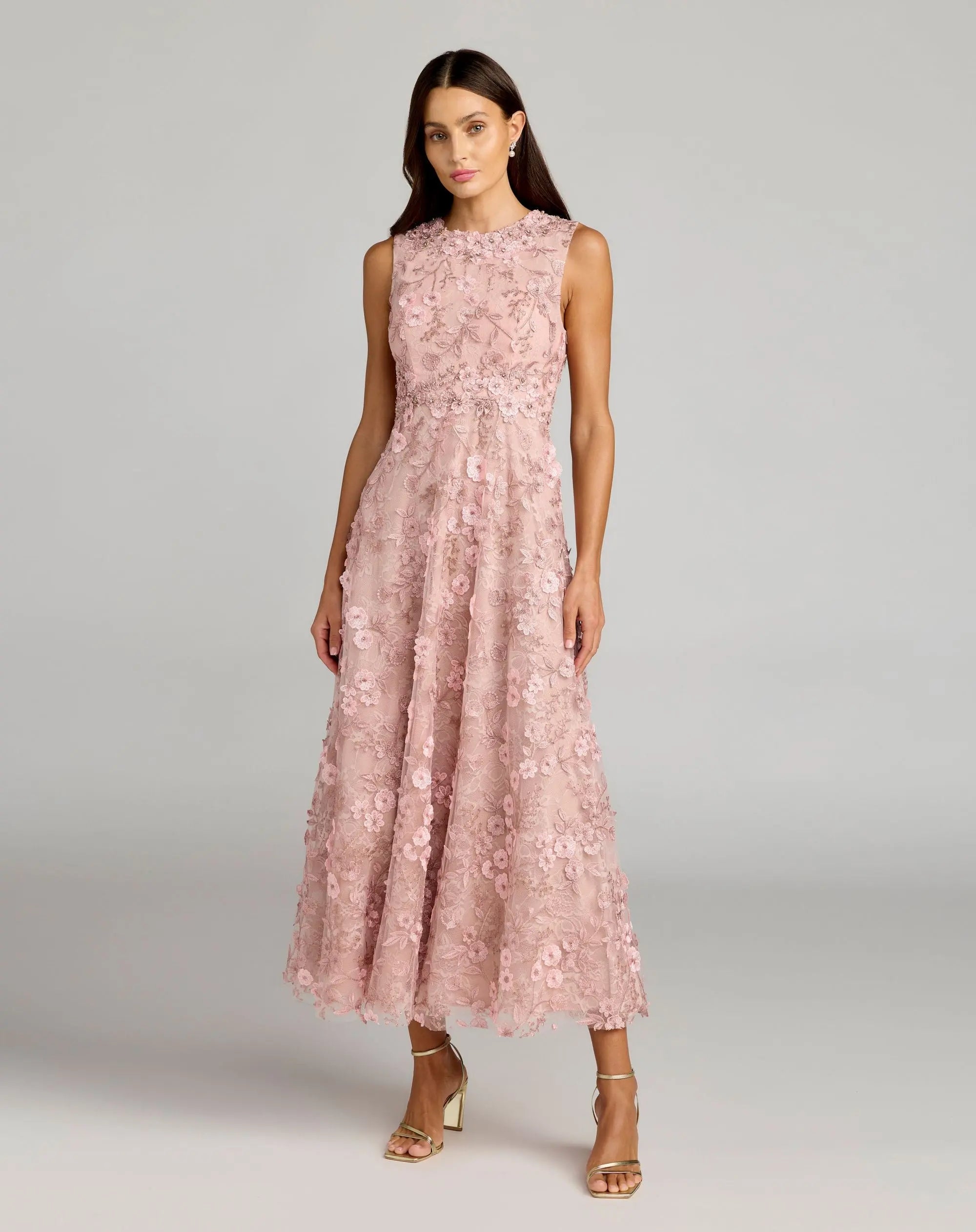 Petite Pink Floral Embroidered High Neck Midi Dress-Myartka