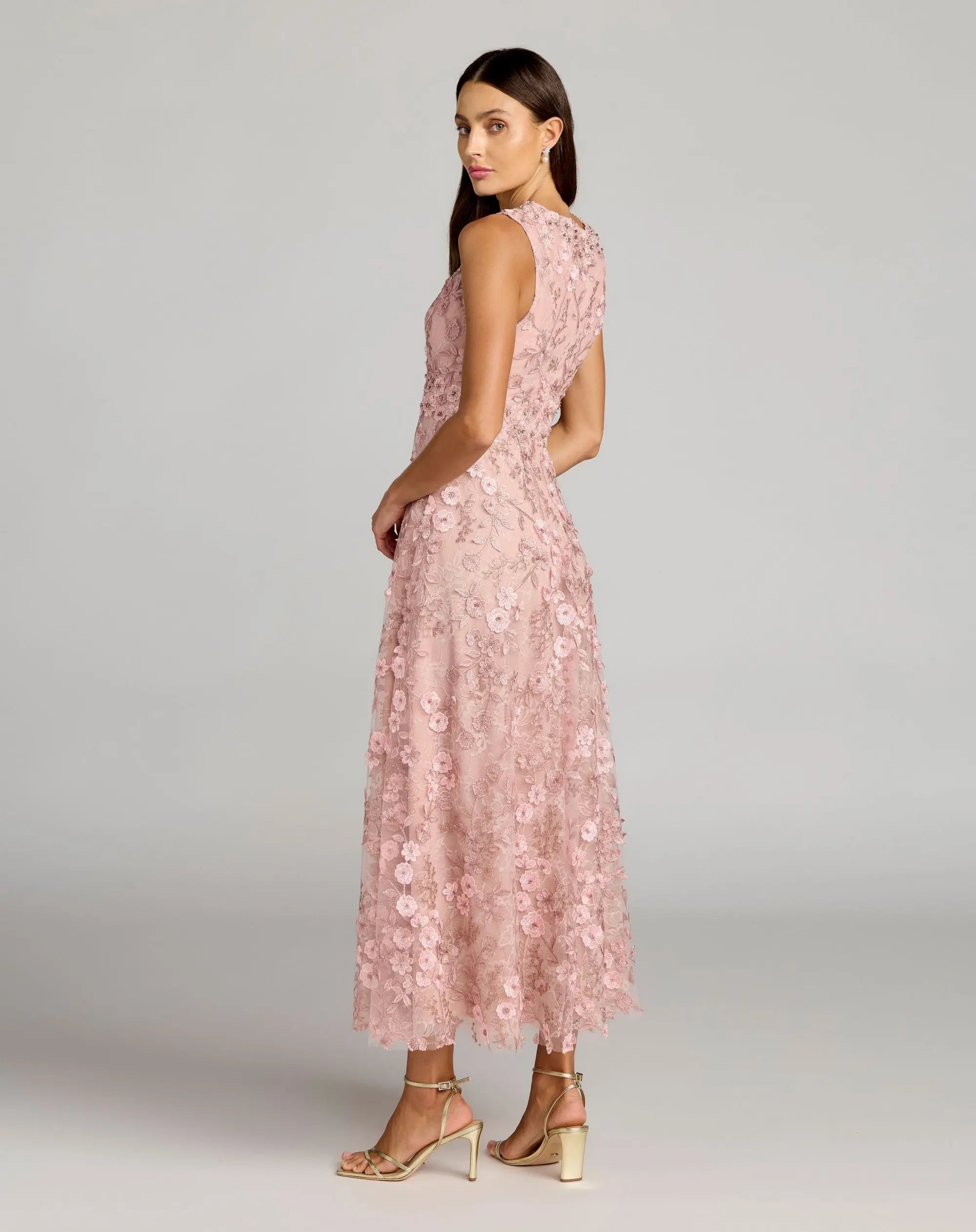 Petite Pink Floral Embroidered High Neck Midi Dress-Myartka