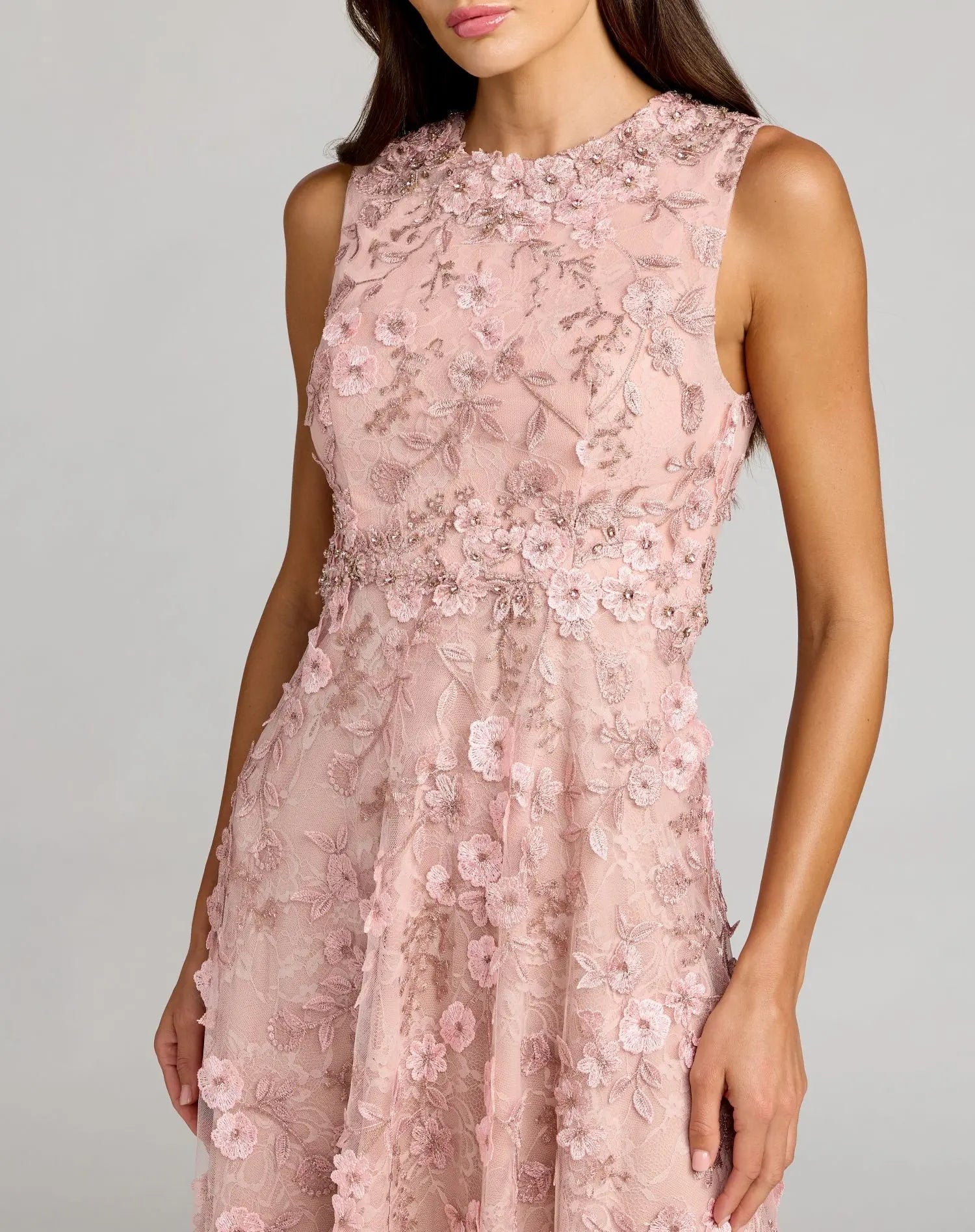 Petite Pink Floral Embroidered High Neck Midi Dress-Myartka