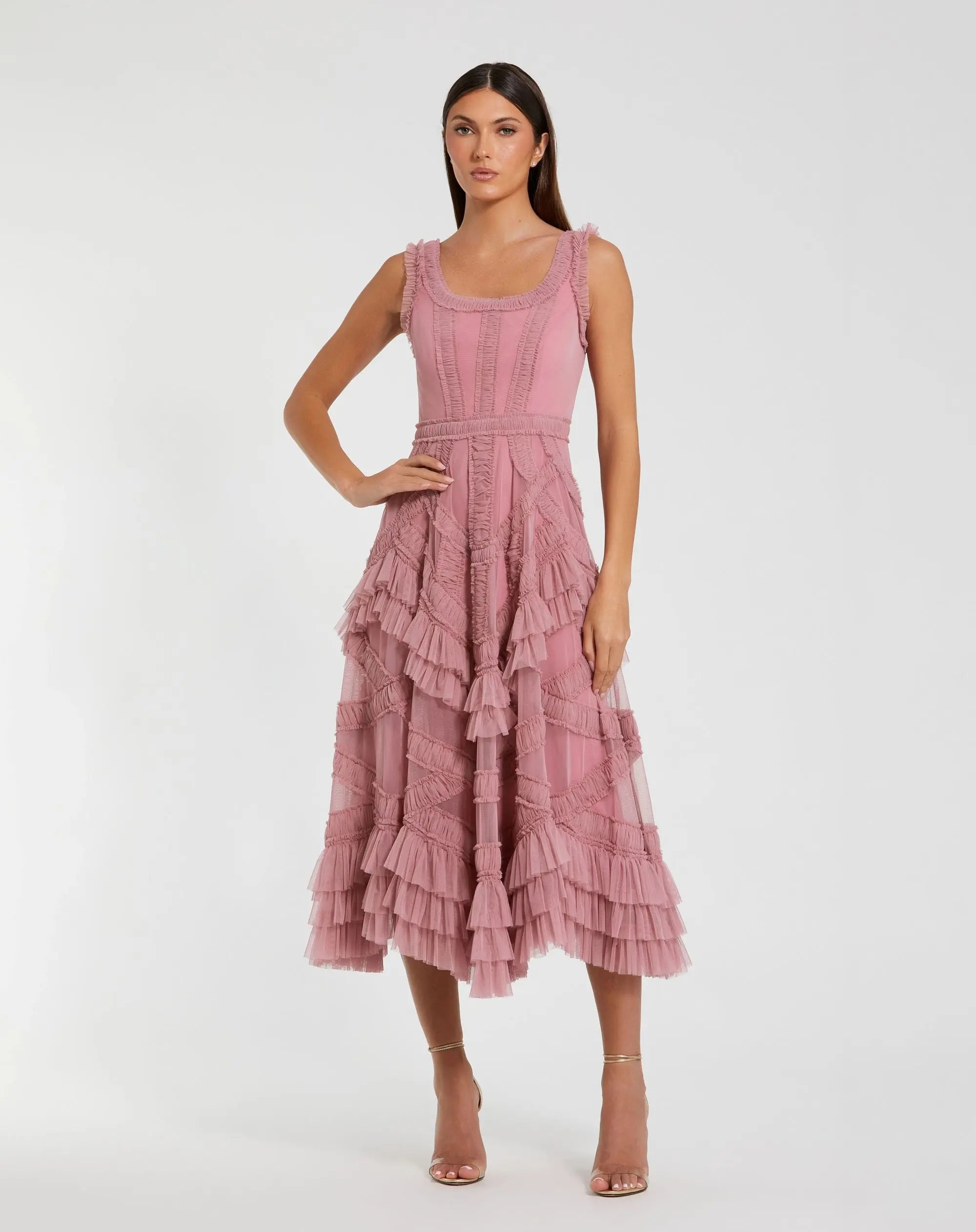 Petite Pink Scoop Neck Sleeveless Micro Ruffle Midi Dress-Myartka