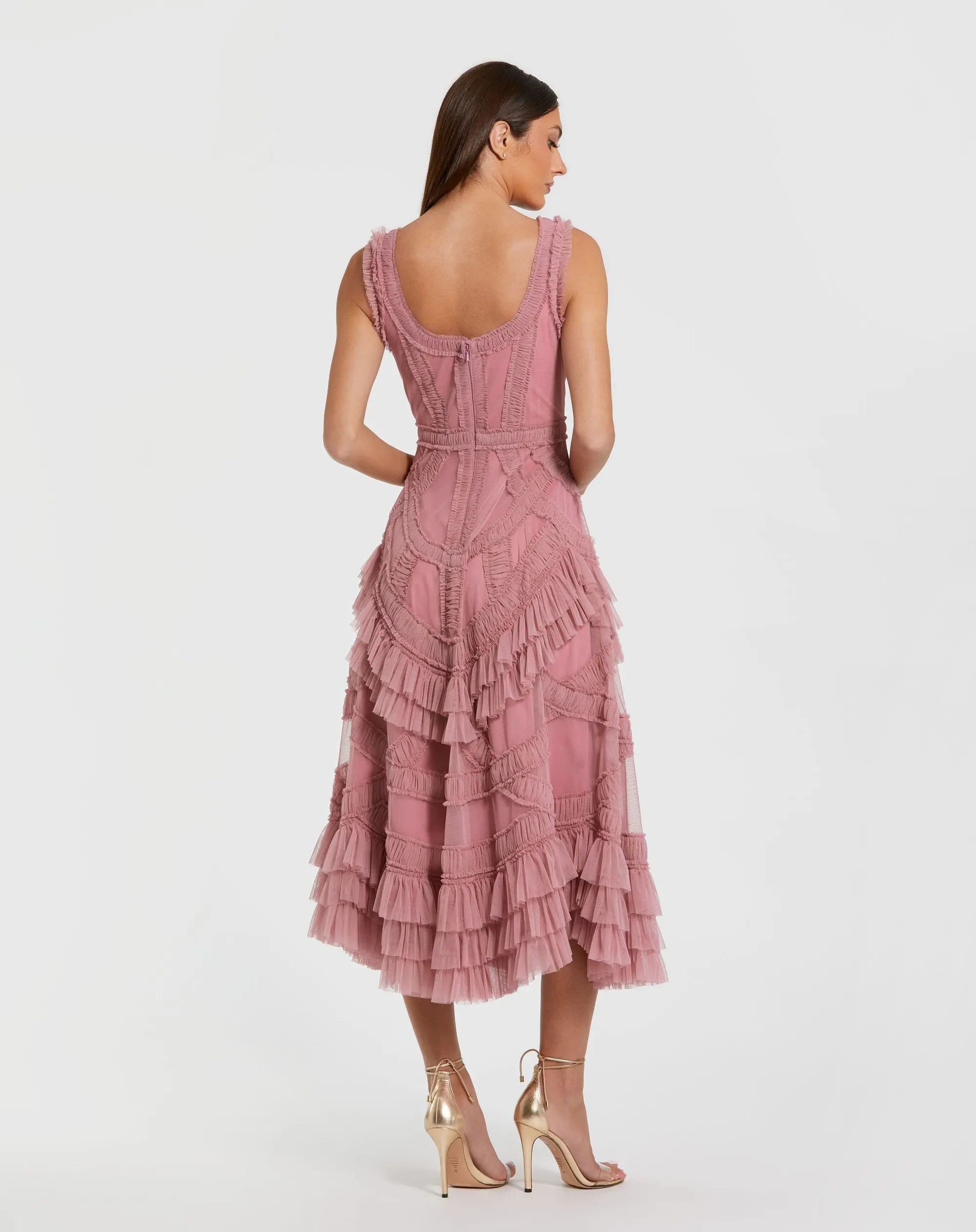 Petite Pink Scoop Neck Sleeveless Micro Ruffle Midi Dress-Myartka
