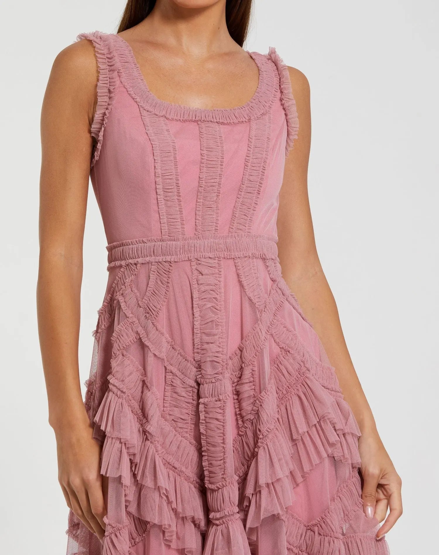 Petite Pink Scoop Neck Sleeveless Micro Ruffle Midi Dress-Myartka