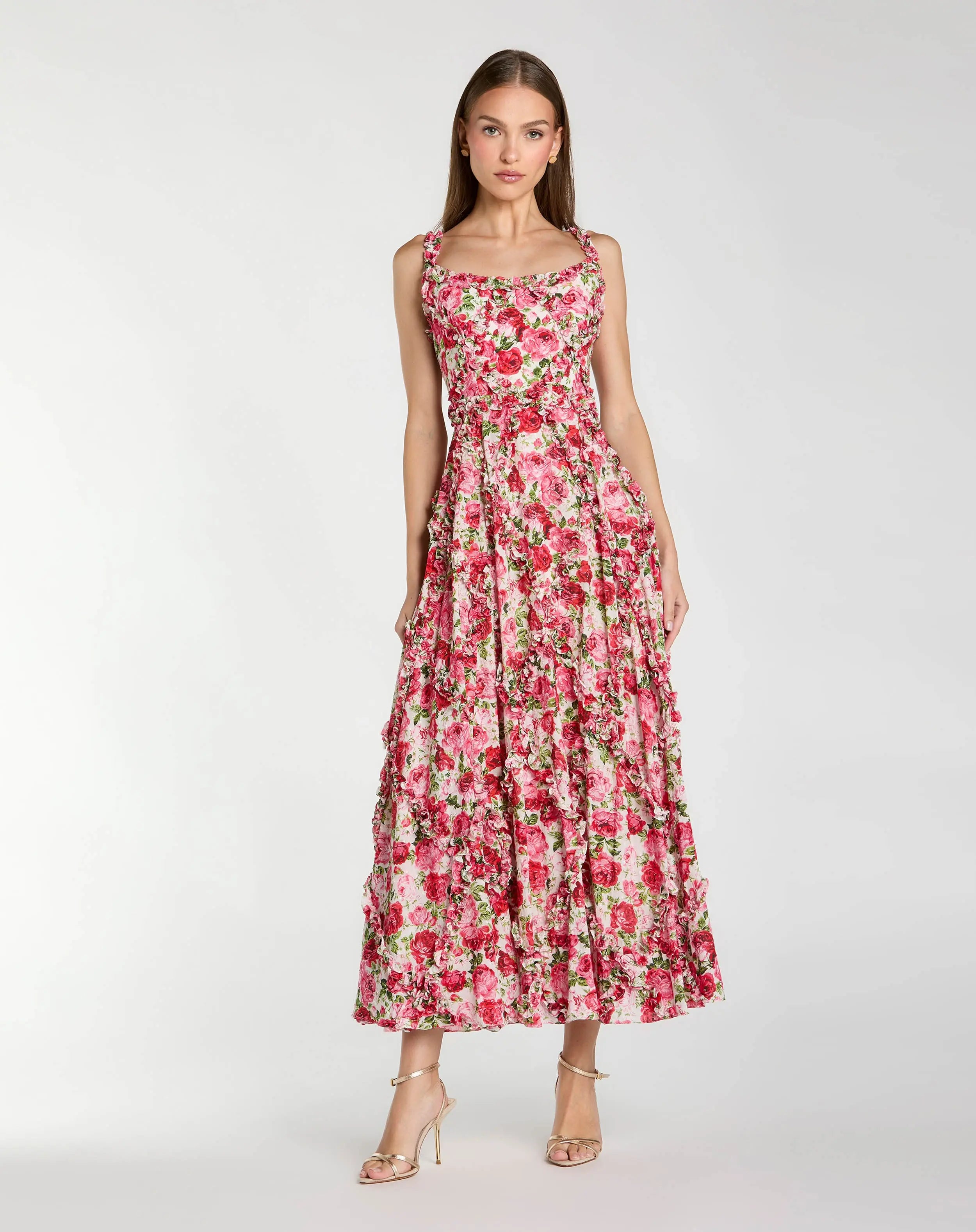 Petite Pink Ruffle Scoop Neck Floral A-Line Dress-Myartka