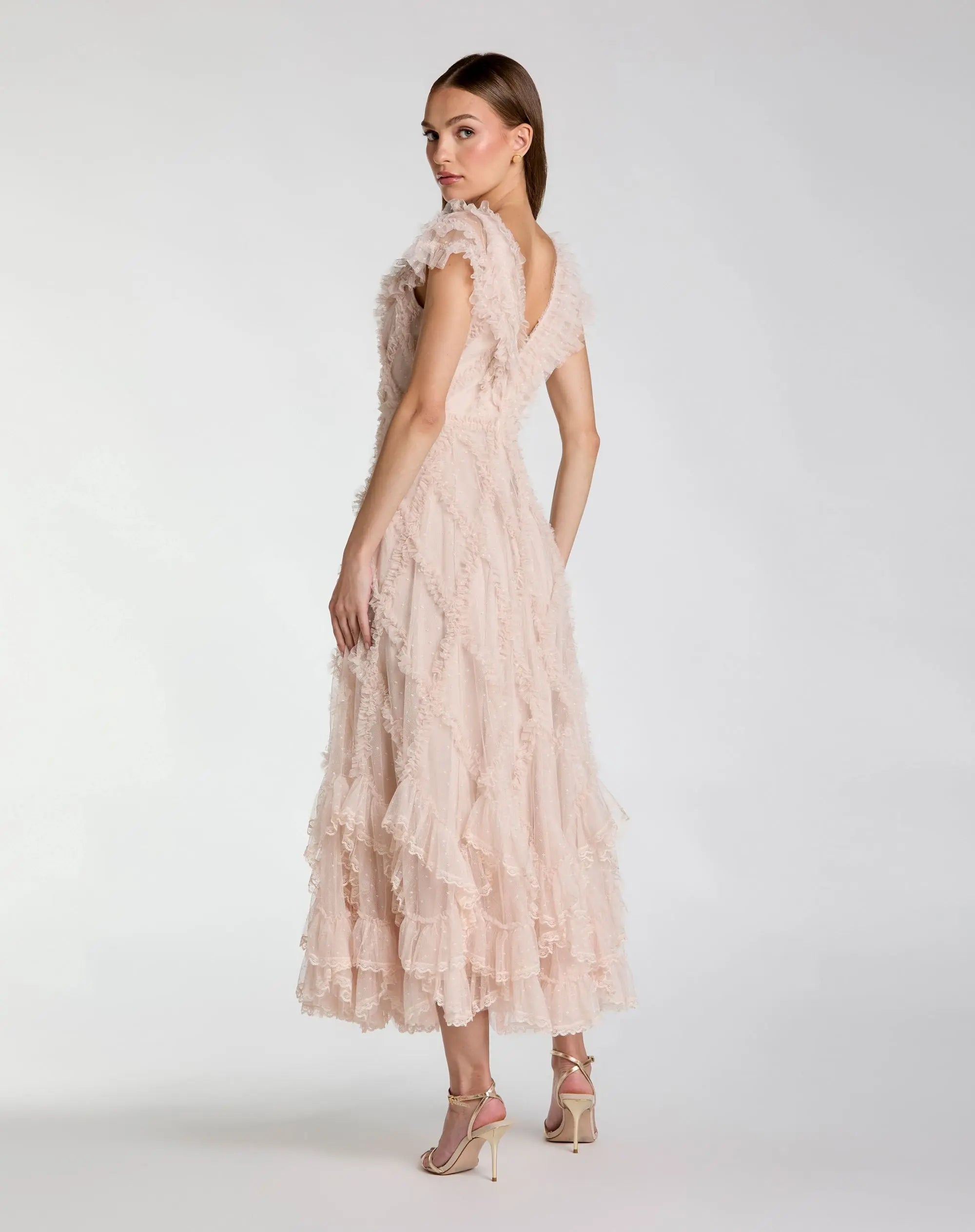 Petite Pink Micro Ruffle Cap Sleeve A-Line Midi Dress-Myartka