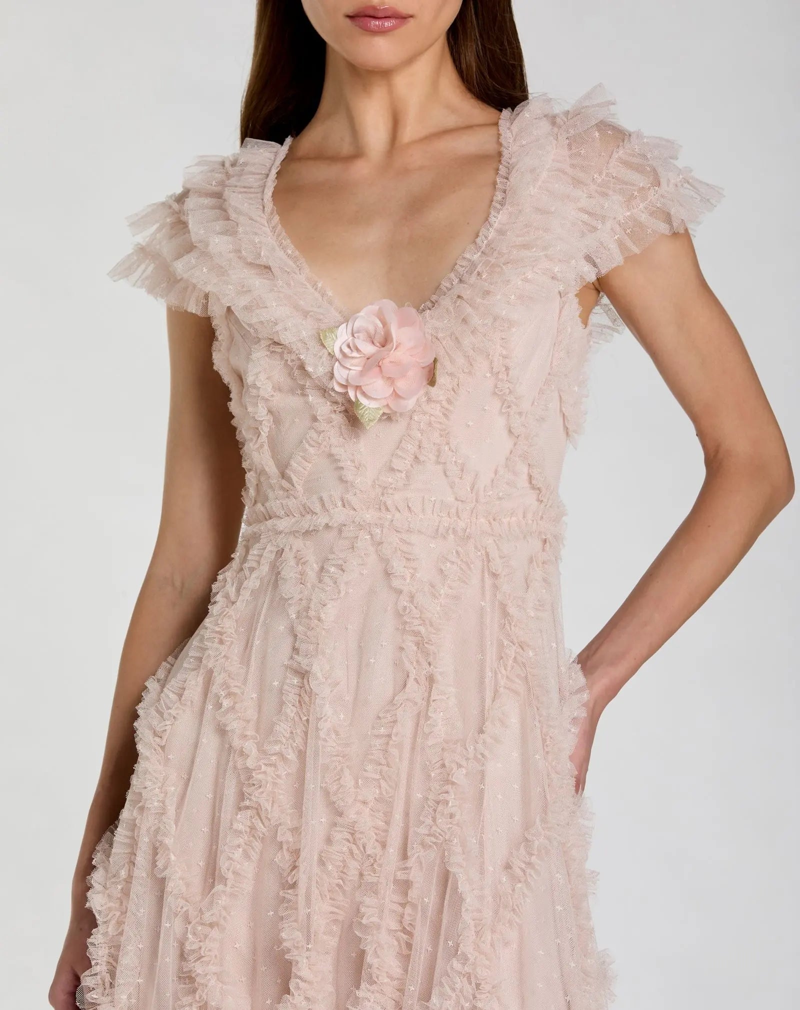 Petite Pink Micro Ruffle Cap Sleeve A-Line Midi Dress-Myartka