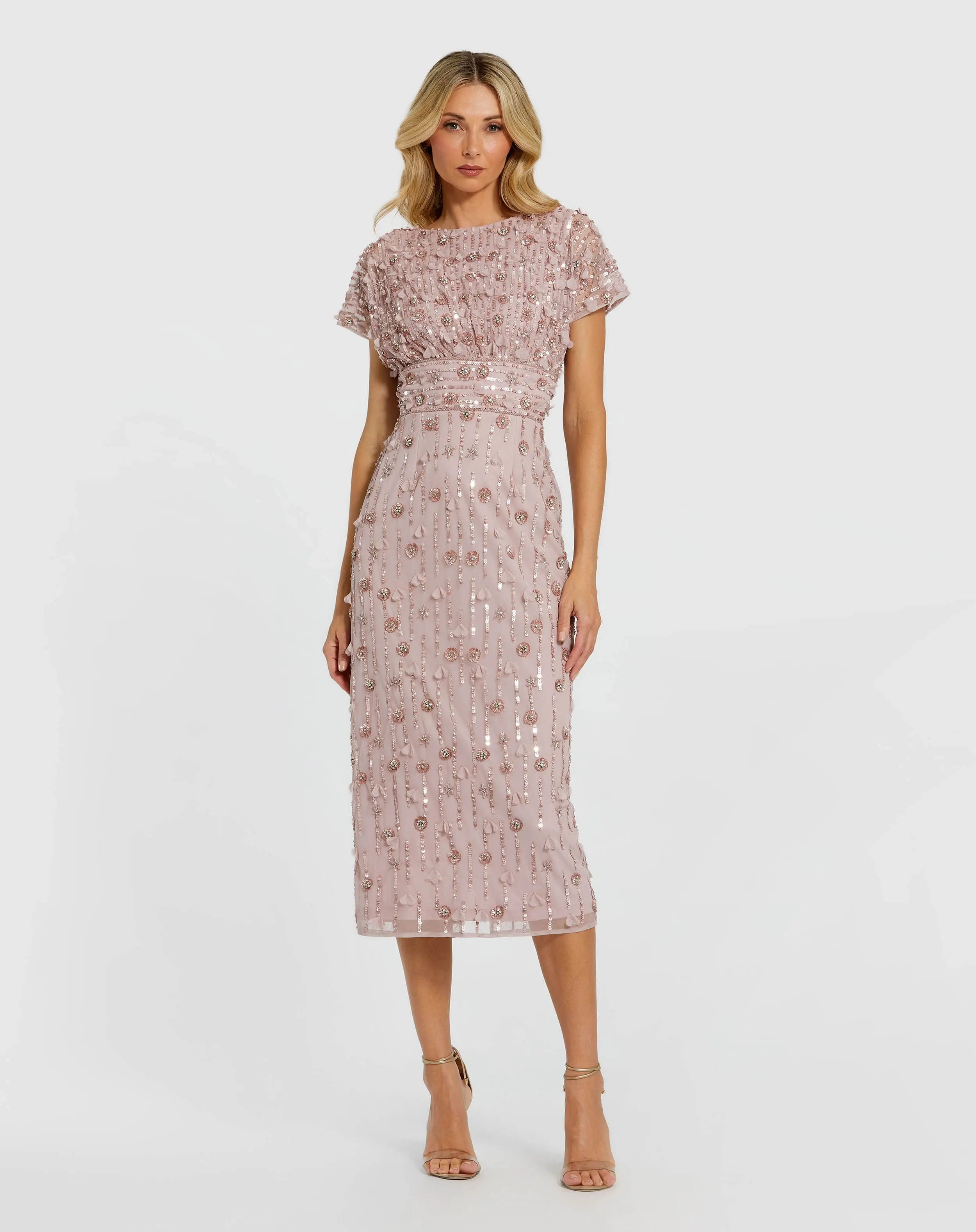 Petite Pink Cap Sleeve Sheath Midi Dress With Floral Beading-Myartka