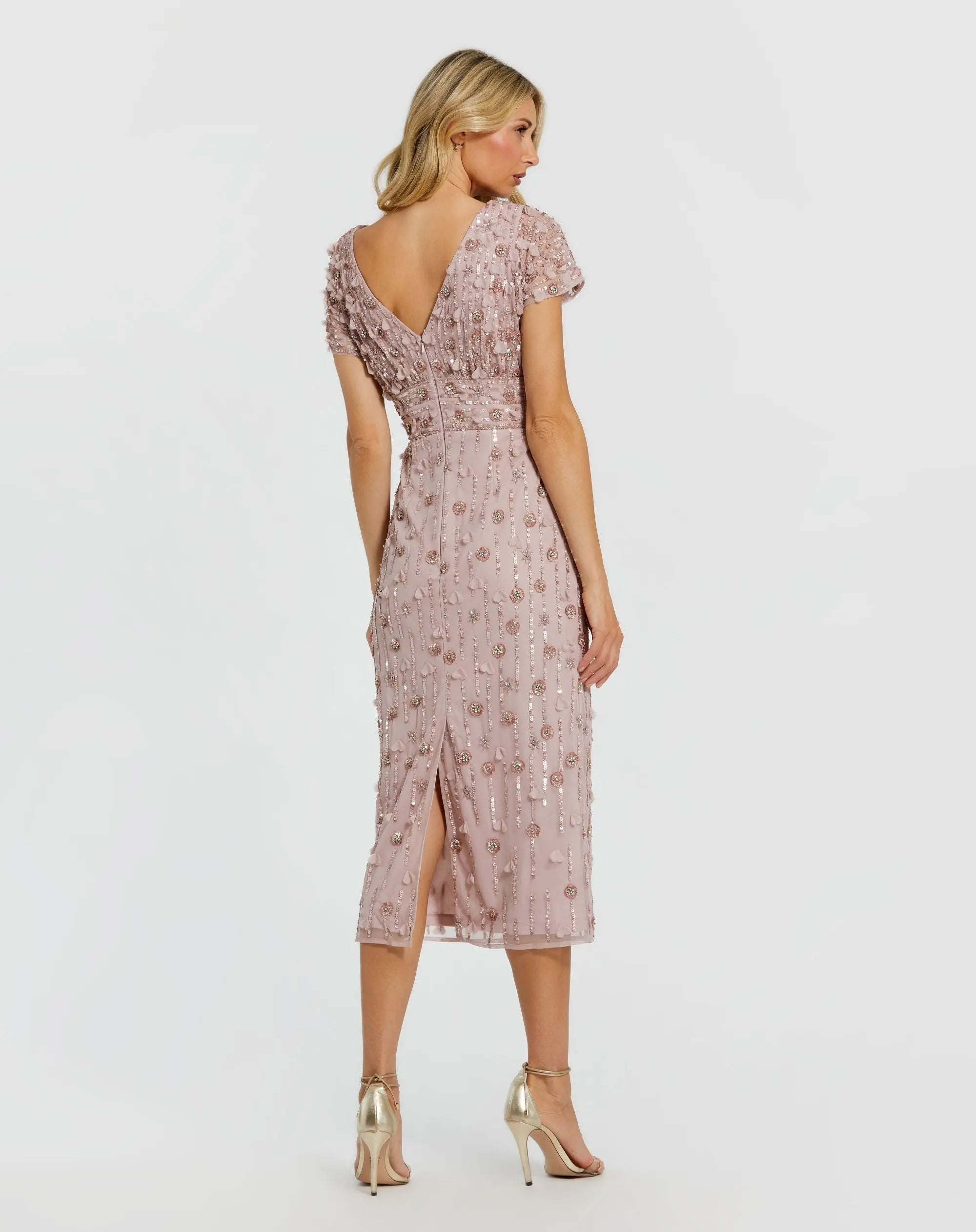 Petite Pink Cap Sleeve Sheath Midi Dress With Floral Beading-Myartka