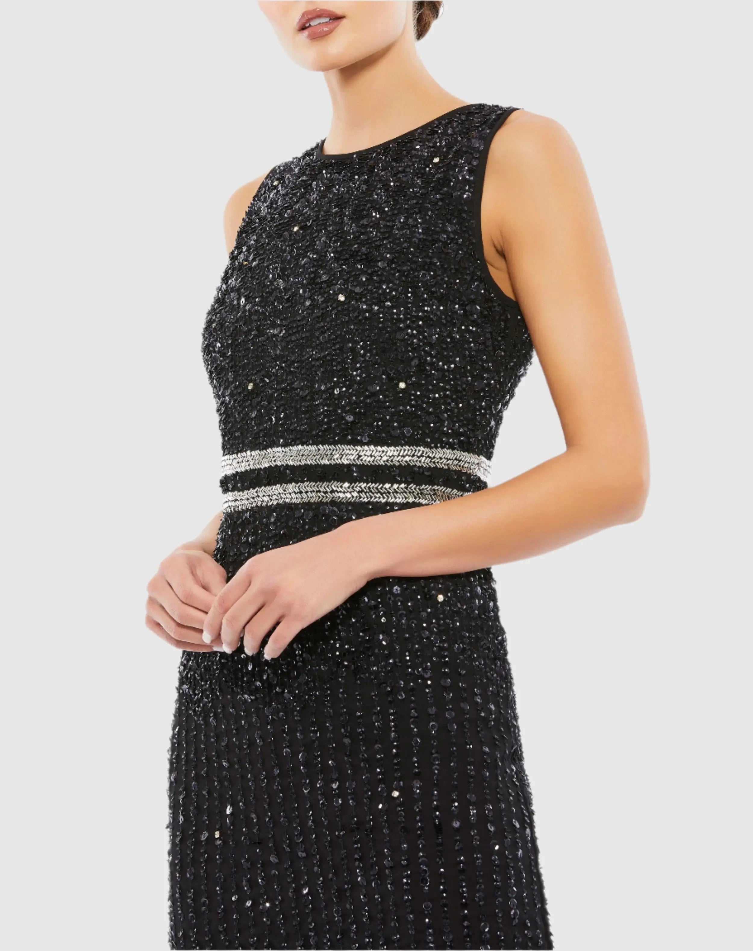 Black Sleeveless High Neck Beaded Midi Sheath Dress-Myartka