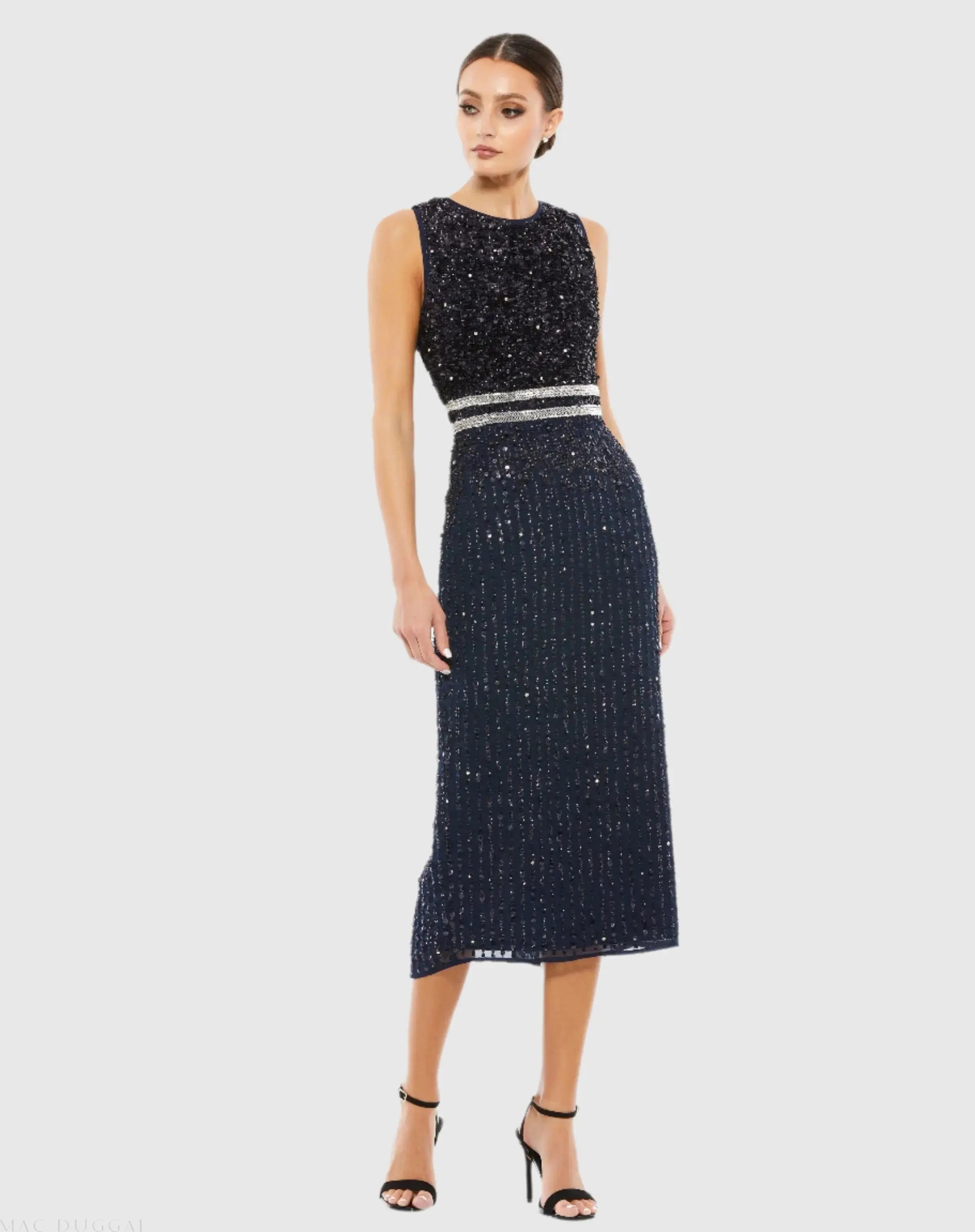 Sleeveless High Neck Beaded Midi Sheath Dress-Myartka