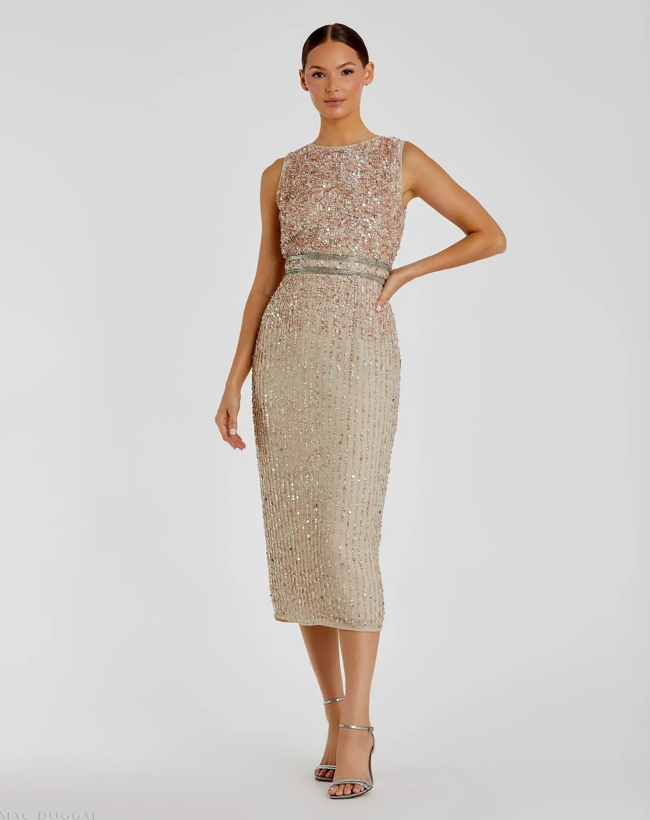 Nude Sleeveless High Neck Beaded Midi Sheath Dress - FINAL SALE-Myartka