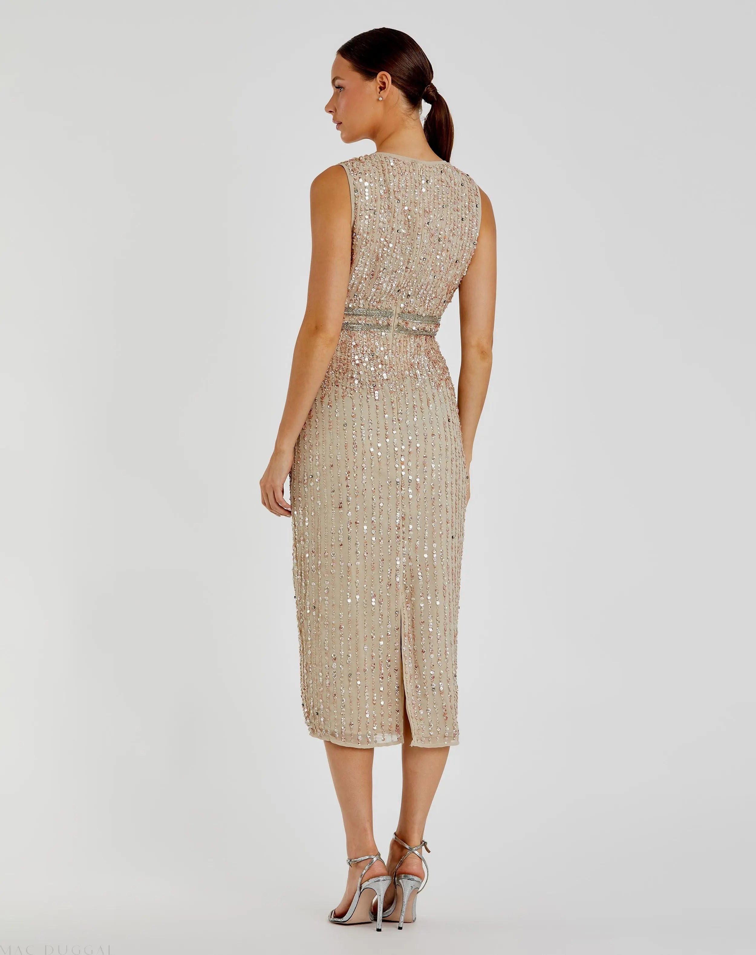 Nude Sleeveless High Neck Beaded Midi Sheath Dress - FINAL SALE-Myartka