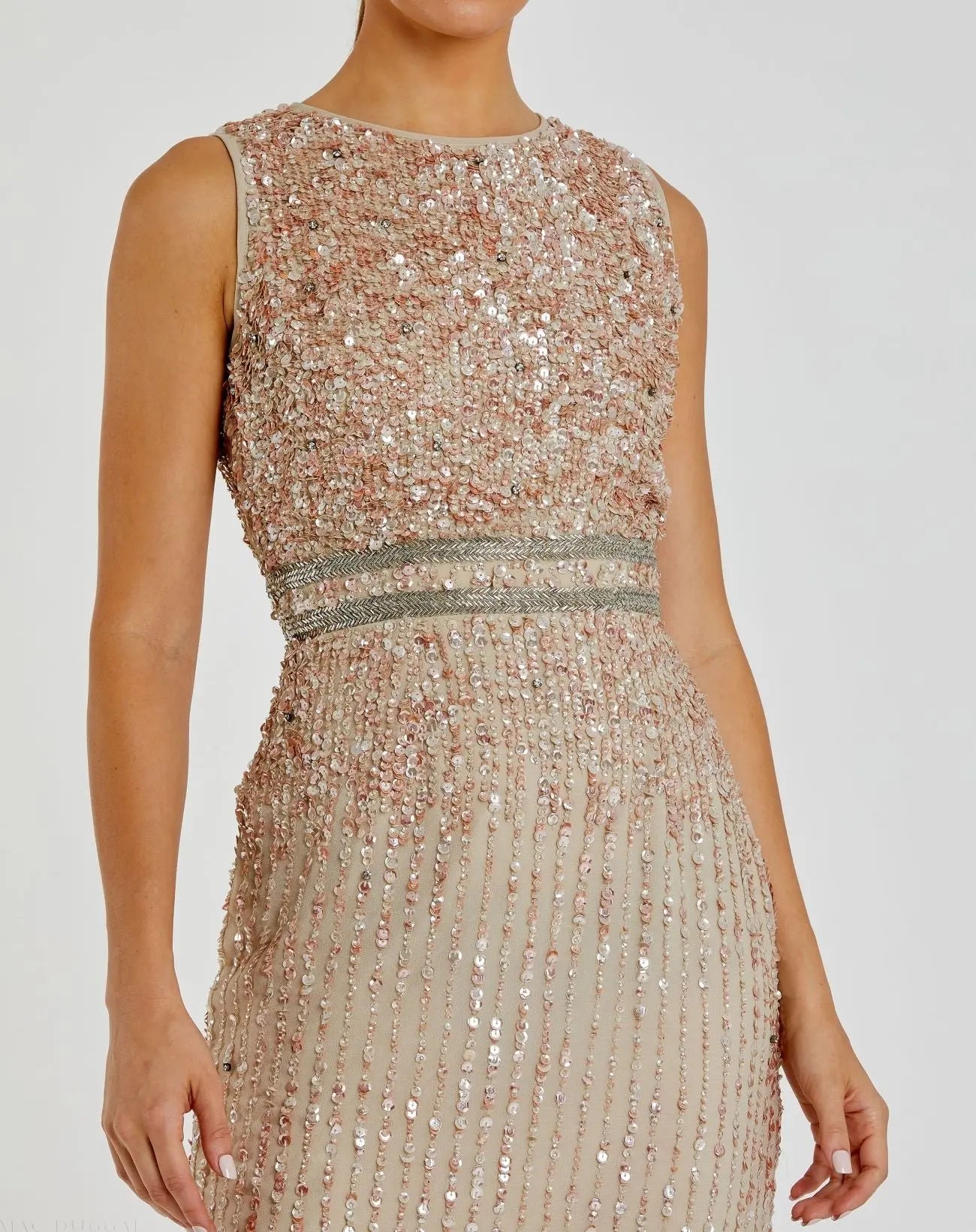 Nude Sleeveless High Neck Beaded Midi Sheath Dress - FINAL SALE-Myartka