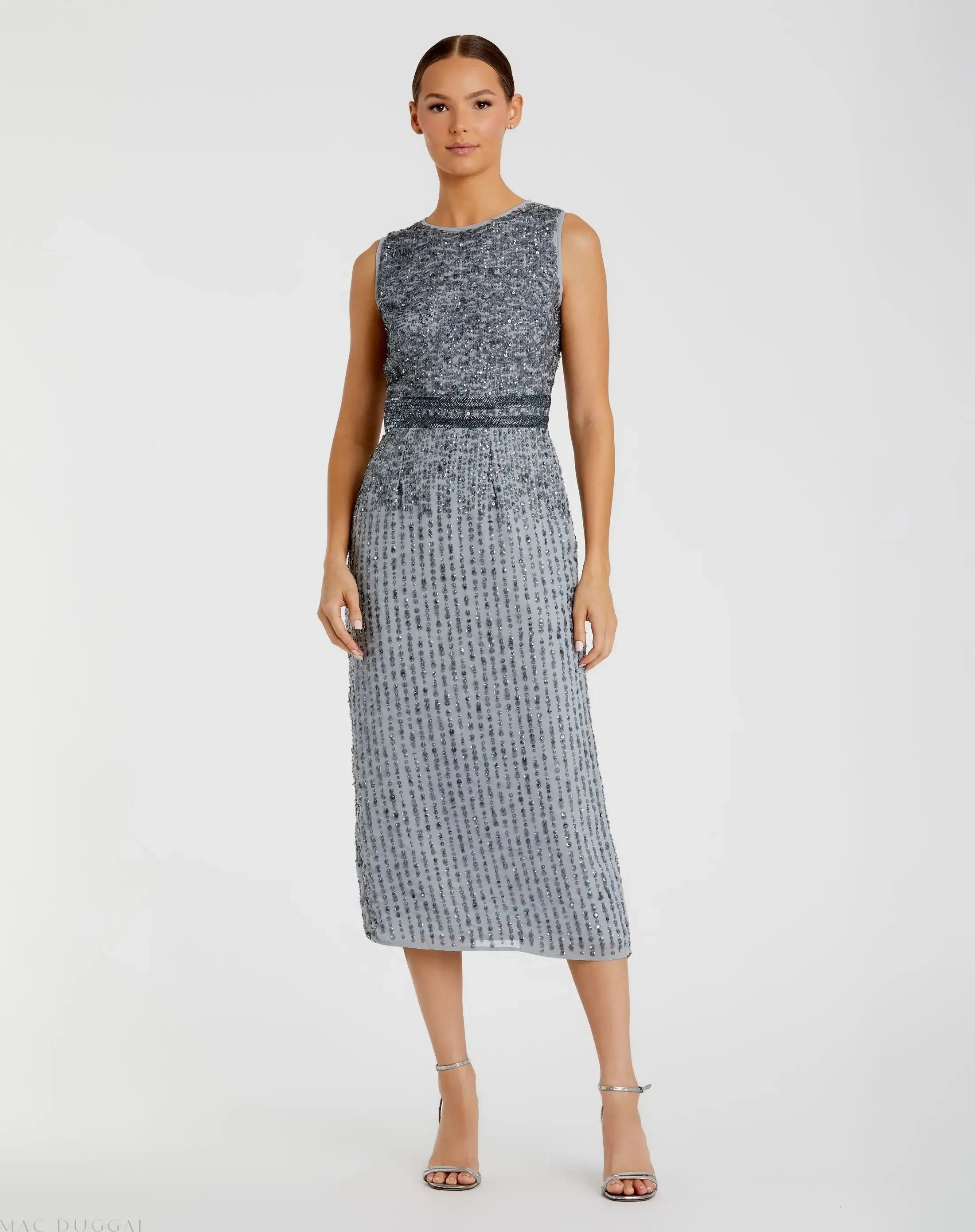 Sleeveless High Neck Beaded Midi Sheath Dress-Myartka