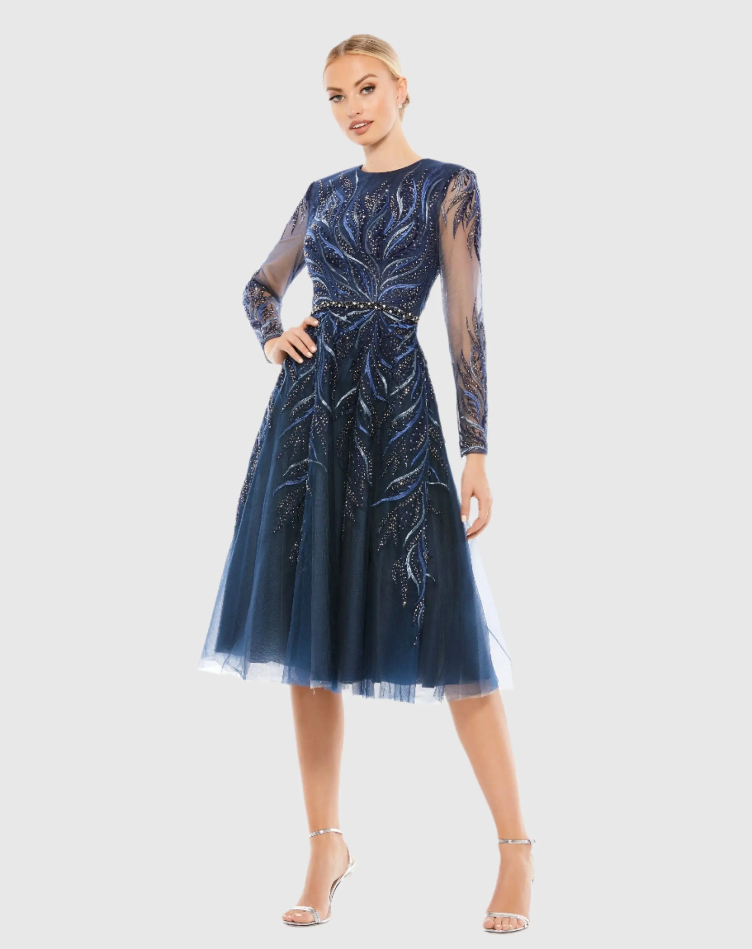 Navy Embellished Tea-Length Illusion Cocktail Dress-Myartka