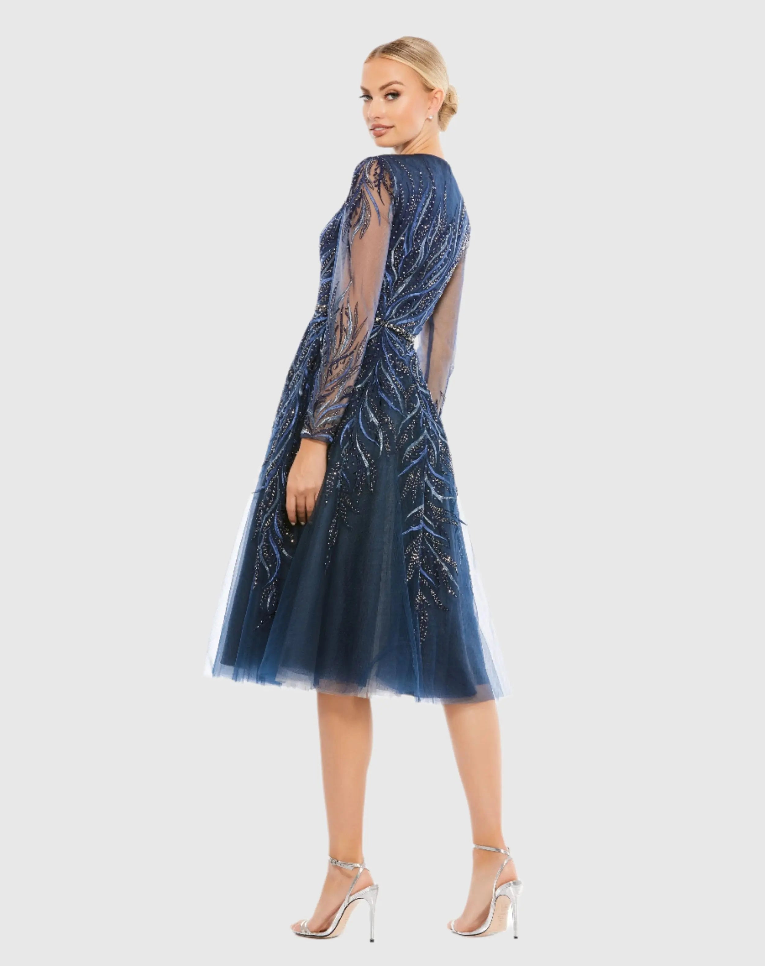 Navy Embellished Tea-Length Illusion Cocktail Dress-Myartka