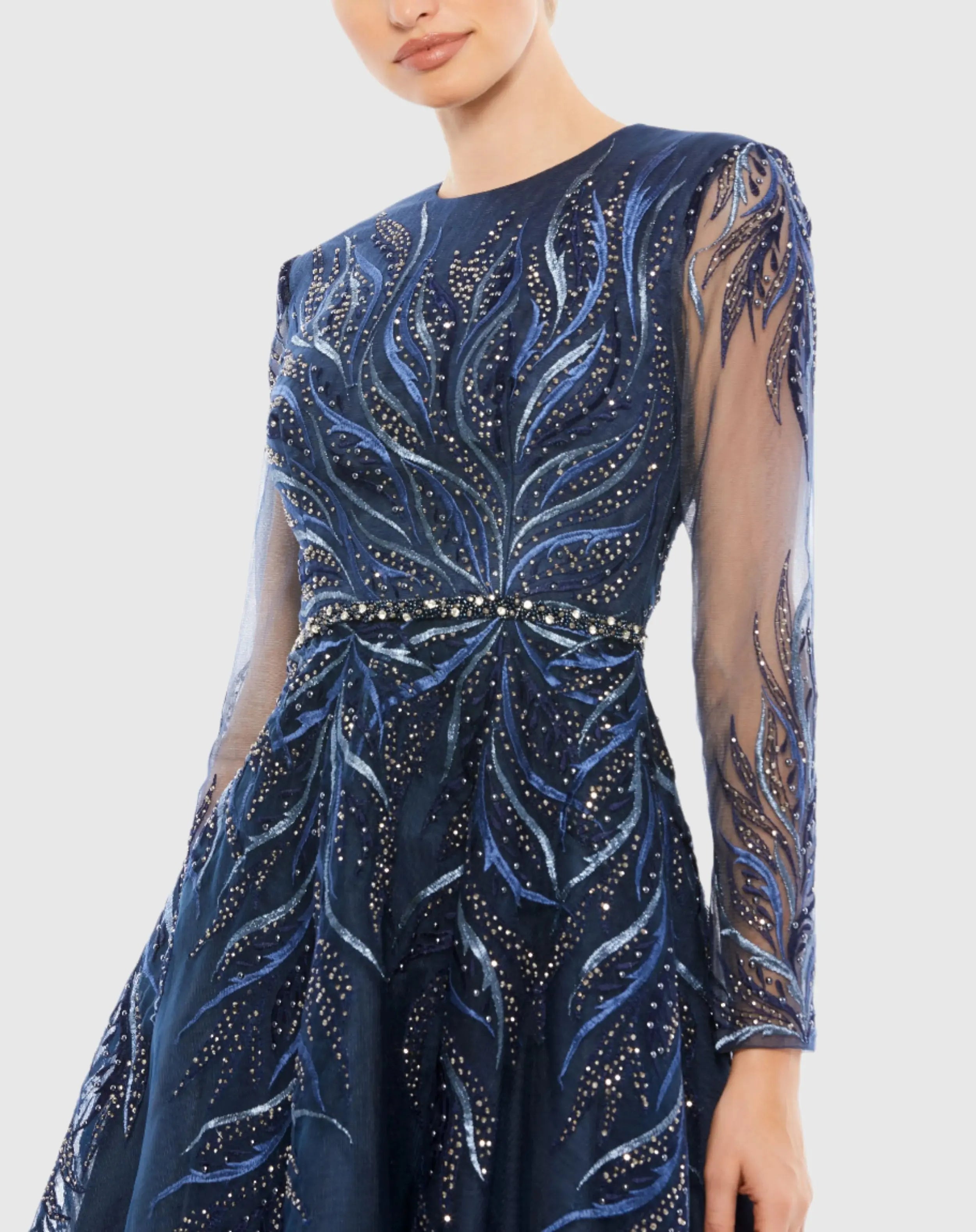 Navy Embellished Tea-Length Illusion Cocktail Dress-Myartka