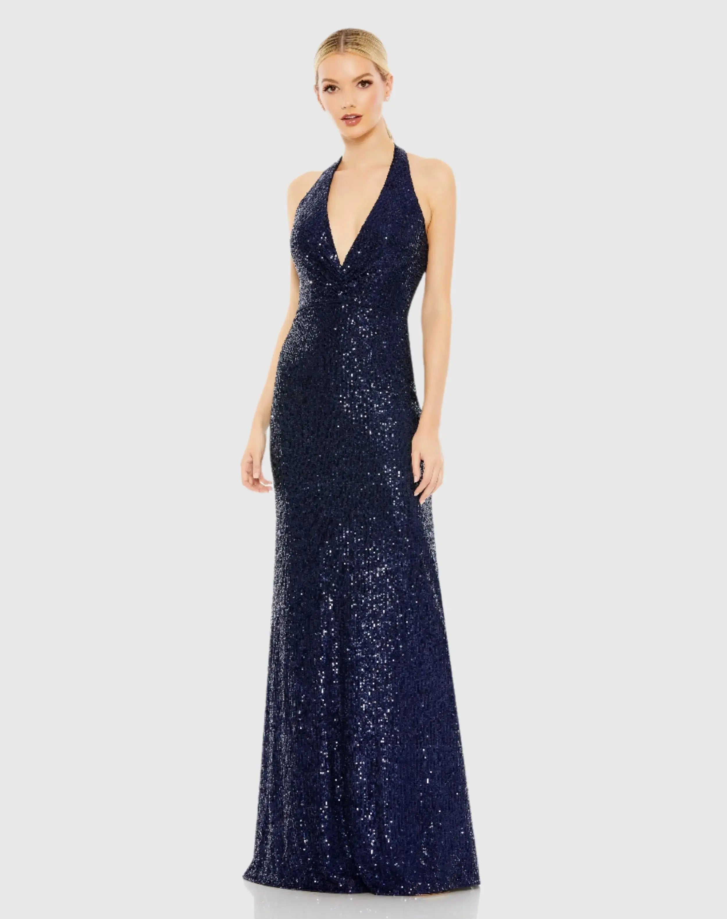 Sequined Halter Strap Plunge Neck Gown-Myartka
